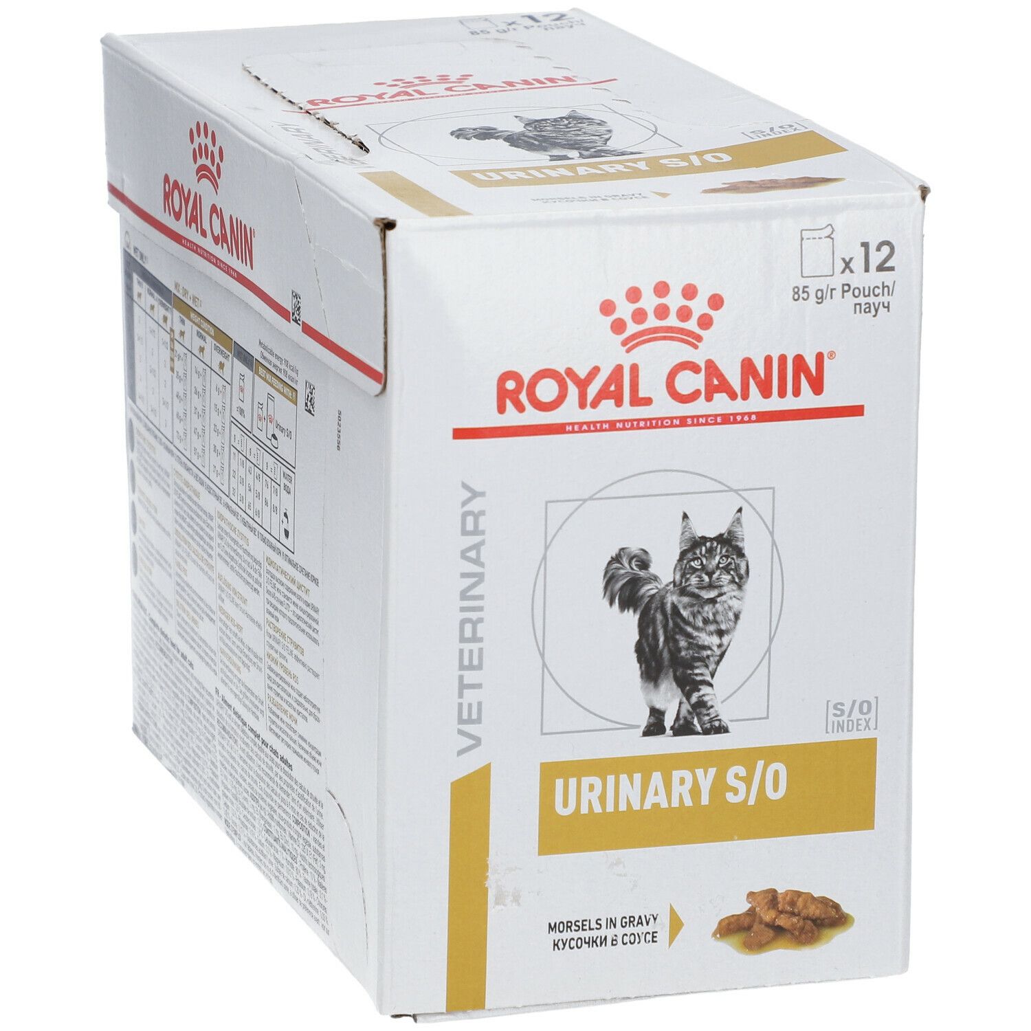 Karton ROYAL CANIN Veterinary Urinary S/O, 12 Beutel. Aufdruck: Katze, Produktname, Morsels in Gravy.