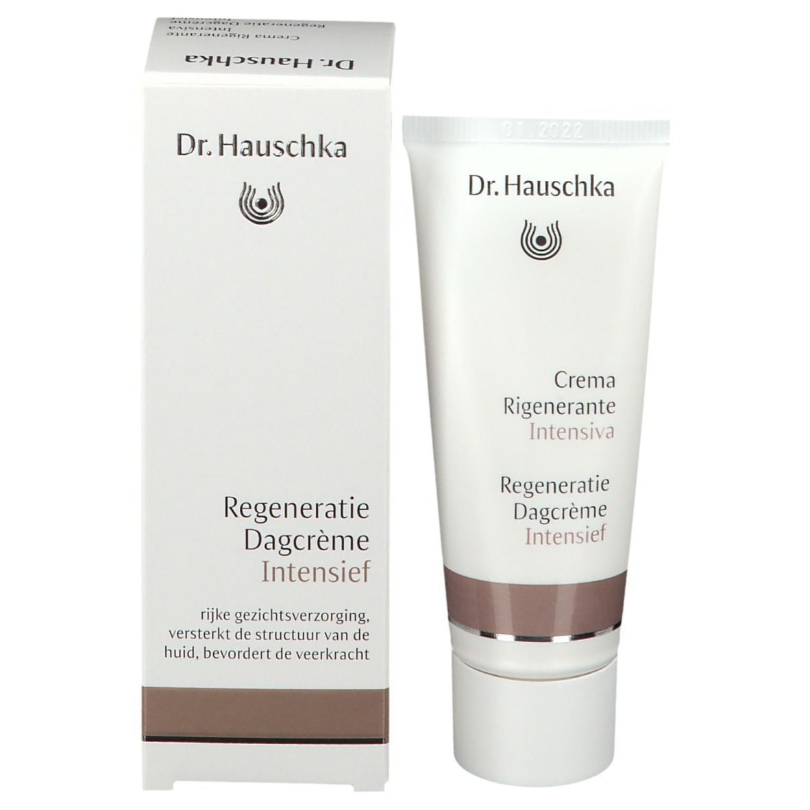 Weiße Verpackung und Tube. Aufschrift: Dr. Hauschka, Regeneration Dagcrème Intensief. Tube: Creme Regenerante Intensiva.