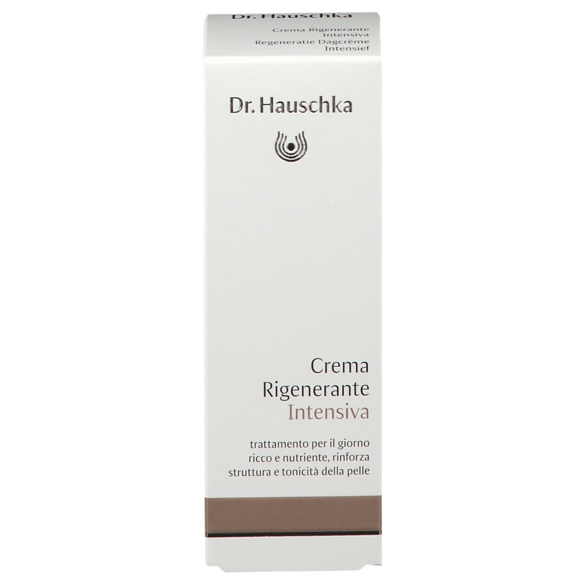 Weiße Verpackung mit Aufschrift: Dr. Hauschka, Creme Rigenerante Intensiva. Brauner Streifen am unteren Rand.