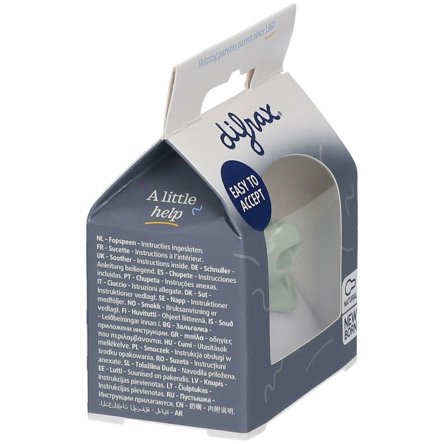 Verpackung mit Schnuller. Der Schnuller ist hellgrün und in der Verpackung sichtbar. Der Markenname difrax ist aufgedruckt.