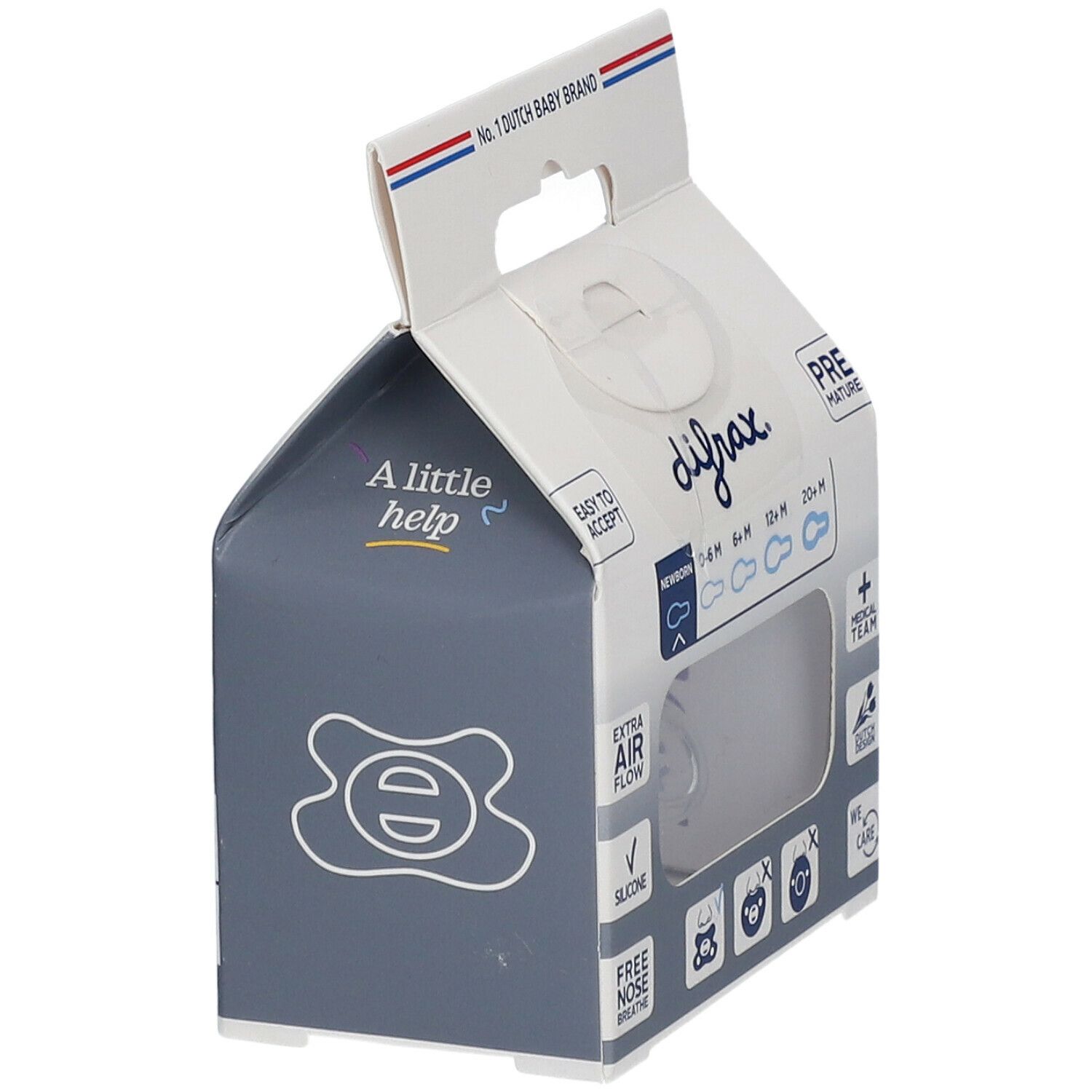Verpackung mit Schnuller. Der Schnuller ist transparent und in der Verpackung sichtbar. Der Markenname difrax ist aufgedruckt.