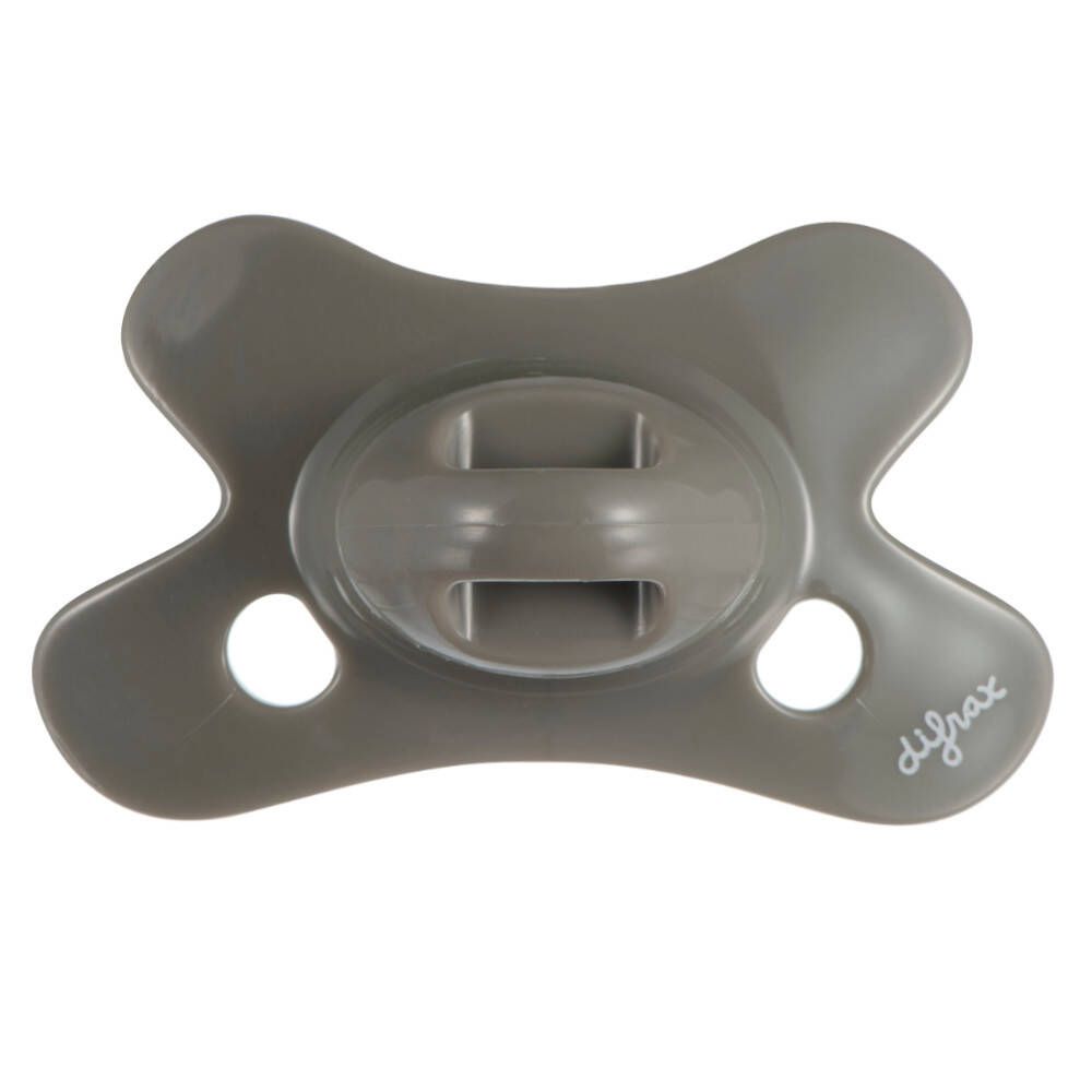 Grauer Schnuller mit Schmetterlingsform und zwei Löchern. Marke difrax.