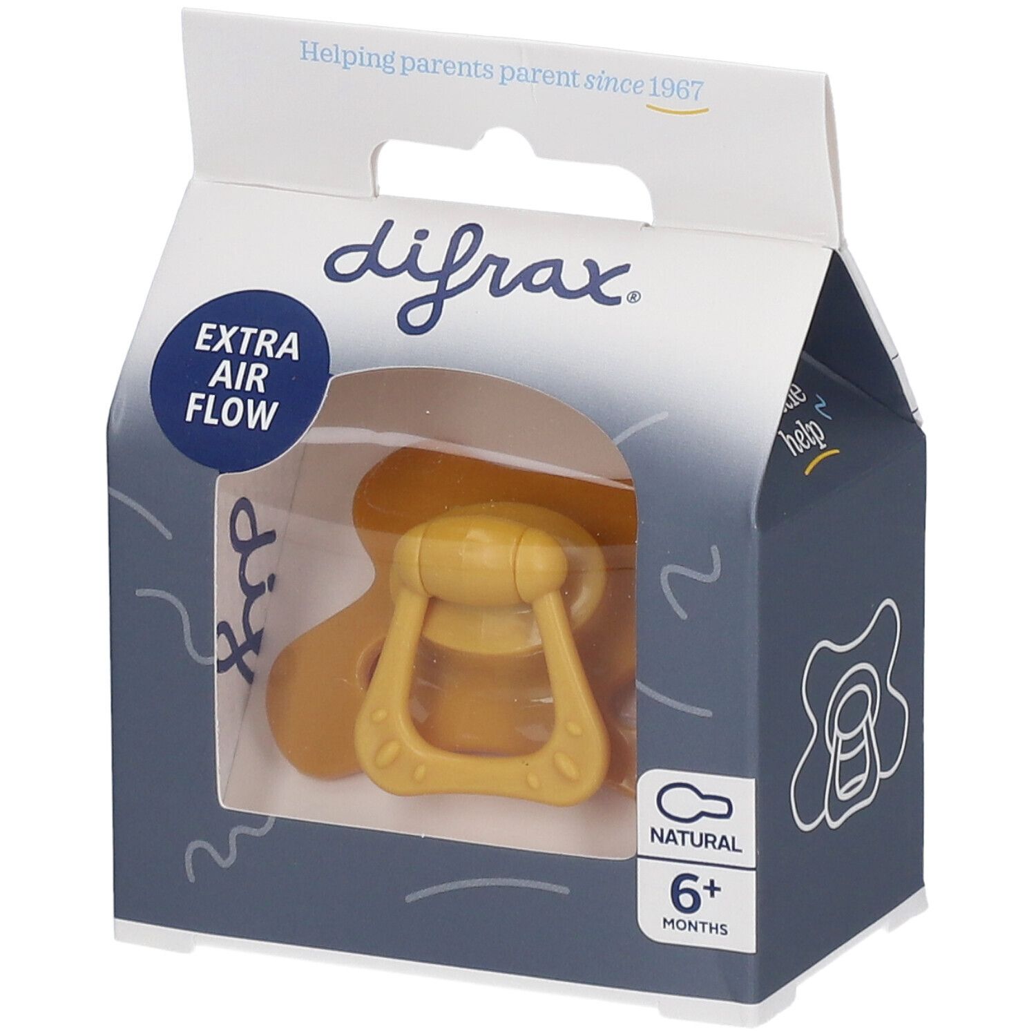 Gelber Schnuller in Verpackung. Sichtbar: Marke difrax, Natural, 6+ Monate, Extra Air Flow.