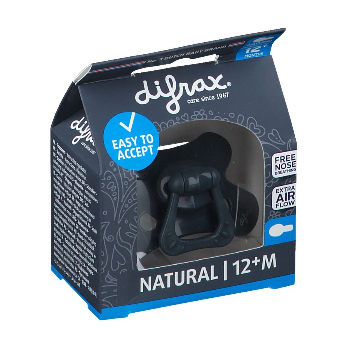 Dunkelgrauer Schnuller in Verpackung. Sichtbar: Marke Difrax, Schriftzug NATURAL 12+M, 'Easy to Accept' und 'Free Nose Breathing'.