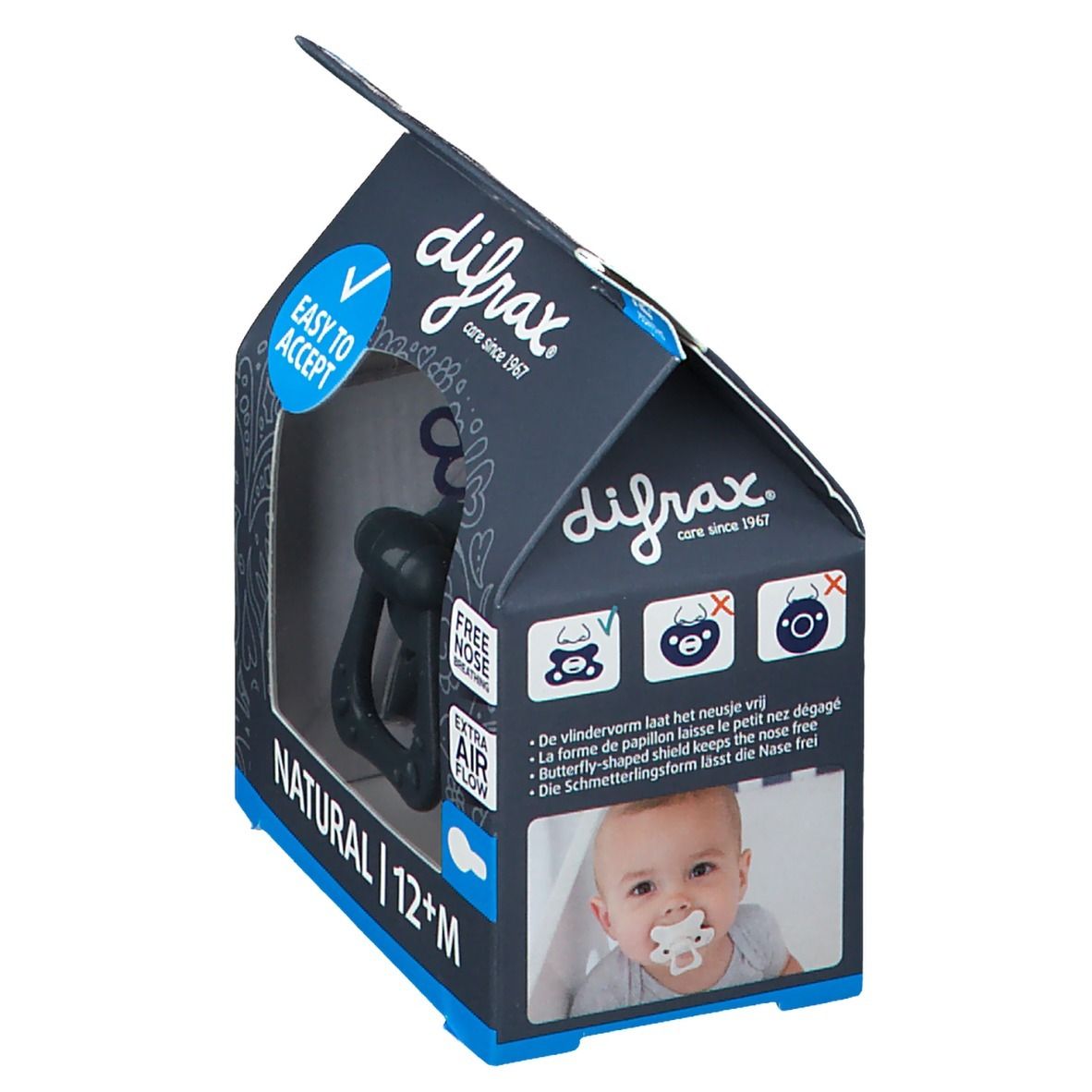 Verpackung mit Schnuller. Marke Difrax, Schriftzug NATURAL 12+M. Abbildung eines Babys mit Schnuller. Text: 'Free Nose Breathing'.