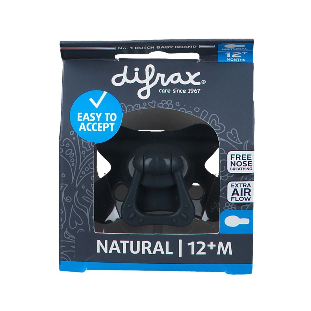 Dunkelgrauer Schnuller in Verpackung. Marke Difrax, Schriftzug NATURAL 12+M, 'Easy to Accept' und 'Free Nose Breathing'.