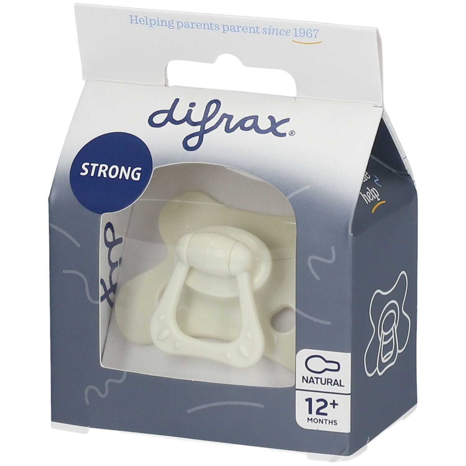 Schnuller in Verpackung. Sichtbar: Marke difrax, NATURAL 12+ Monate. Beige Schnuller mit Griff. Verpackung mit Sichtfenster.