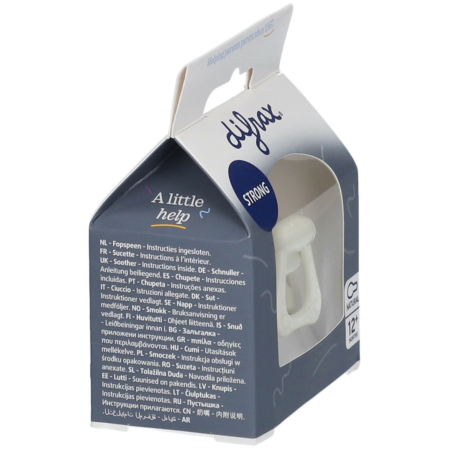 Verpackung mit Text in verschiedenen Sprachen. Marke difrax. Beige Schnuller mit Griff durch ein Sichtfenster sichtbar.