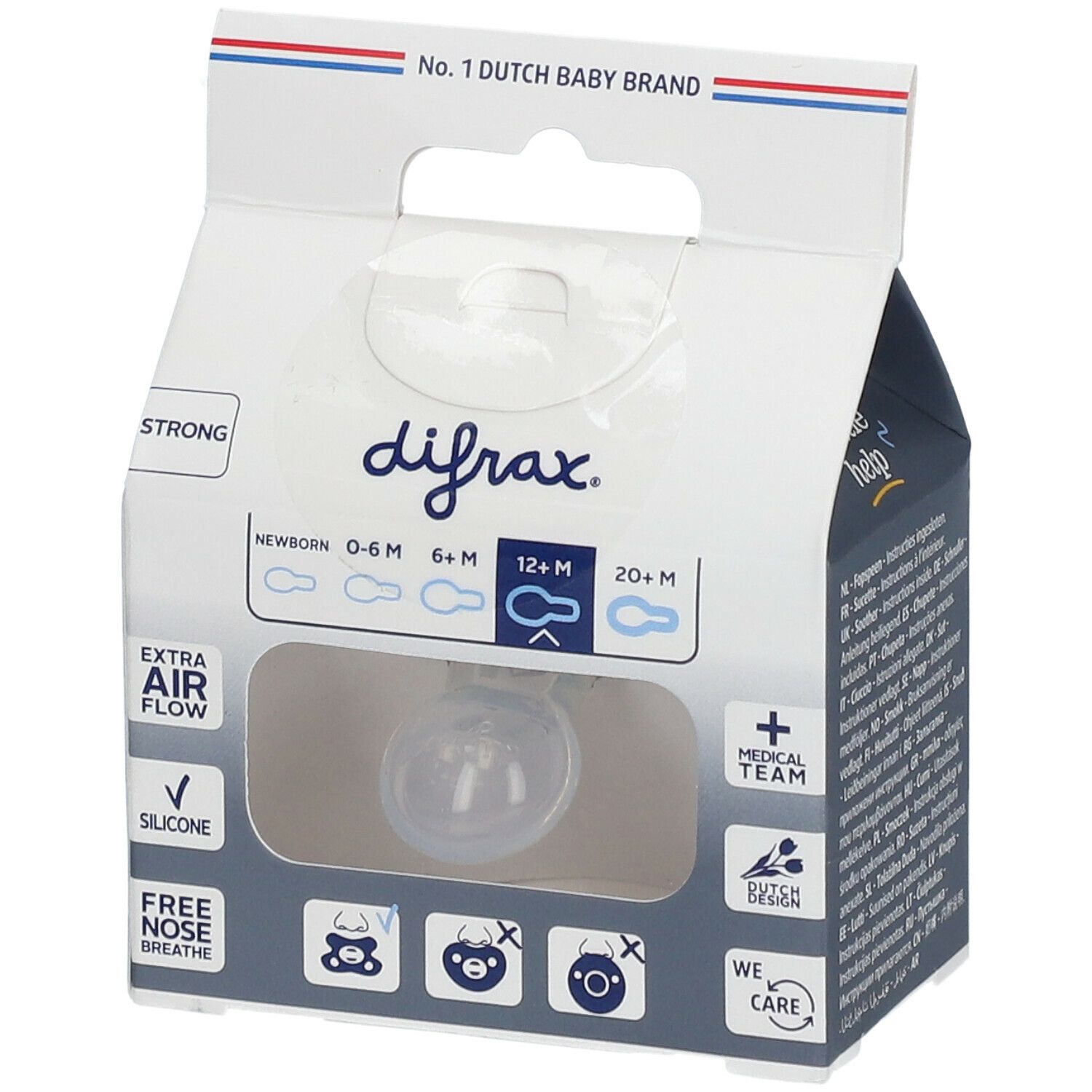 Verpackung mit Marke difrax. Sichtfenster zeigt Schnuller. Text: 12+ M, 0-6 M, 6+ M, 20+ M.  Silikon, extra Luftstrom.