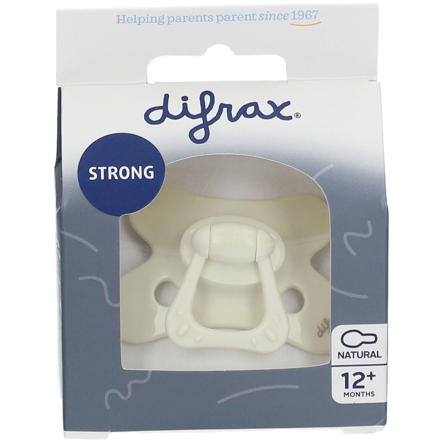 Schnuller in Verpackung. Marke difrax, NATURAL 12+ Monate. Beige Schnuller mit Griff. Verpackung mit Sichtfenster.