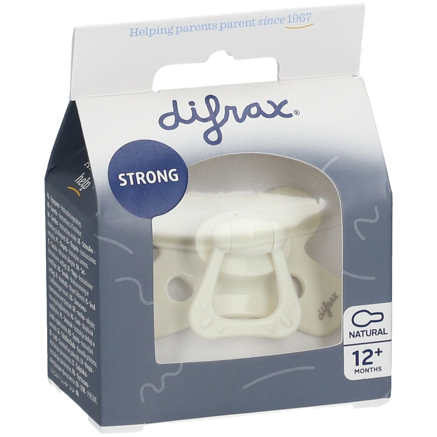 Schnuller in Verpackung. Marke difrax, NATURAL 12+ Monate. Beige Schnuller mit Griff. Verpackung mit Sichtfenster.