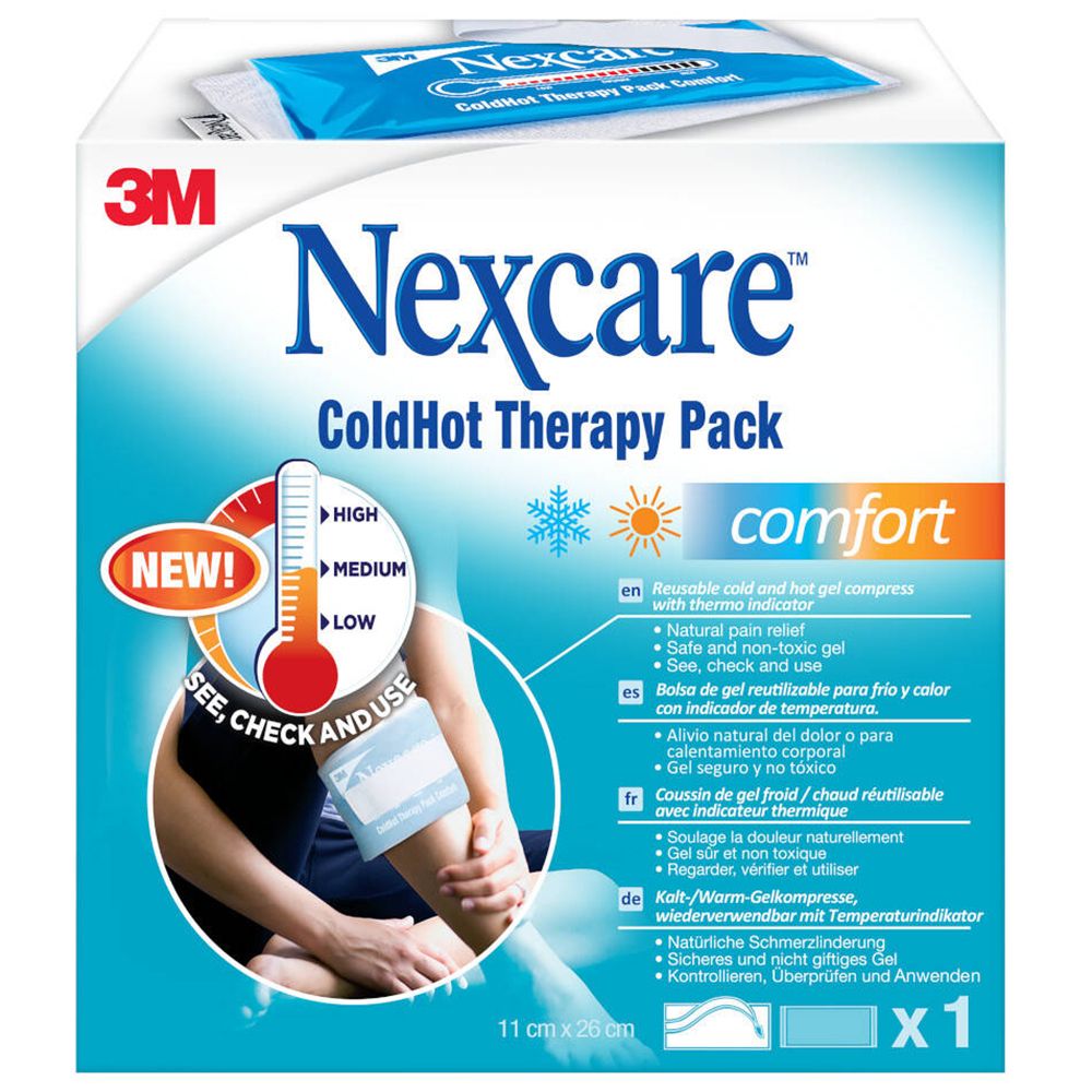 Verpackung von Nexcare ColdHot Therapy Pack. Thermometer-Indikator, 11x20 cm. Produktabbildung mit Bein. 3M Logo.