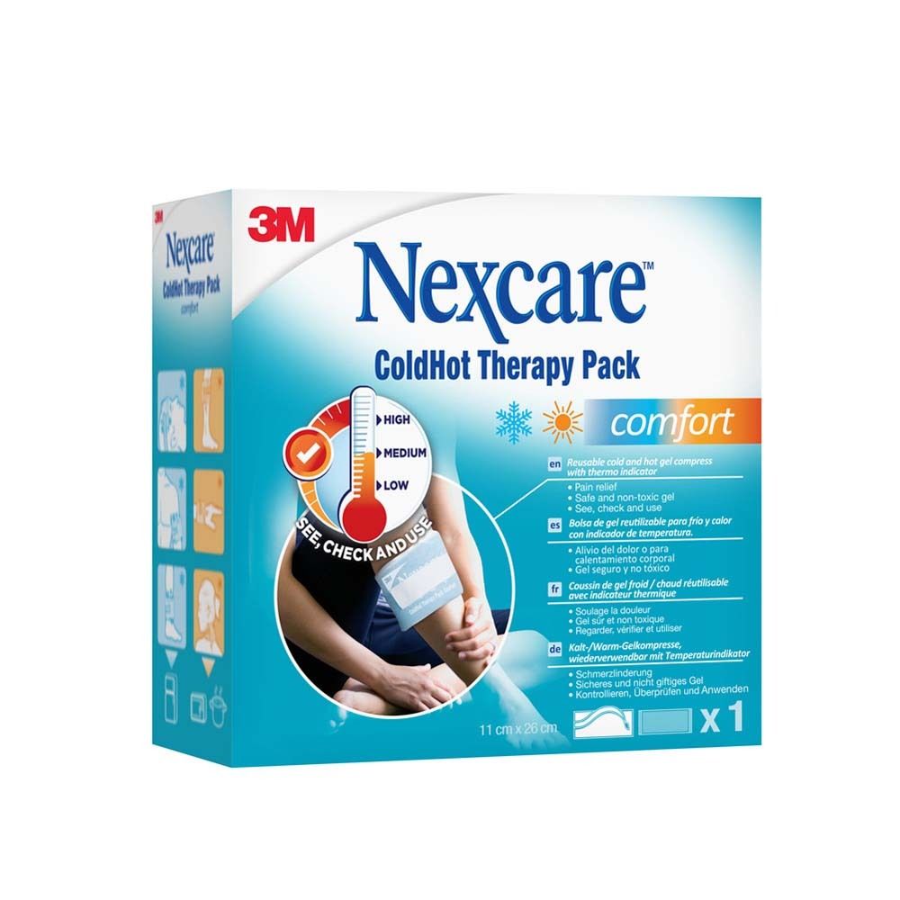 Verpackung von Nexcare ColdHot Therapy Pack. Thermometer-Indikator, 11x20 cm. Produktabbildung mit Bein. 3M Logo.