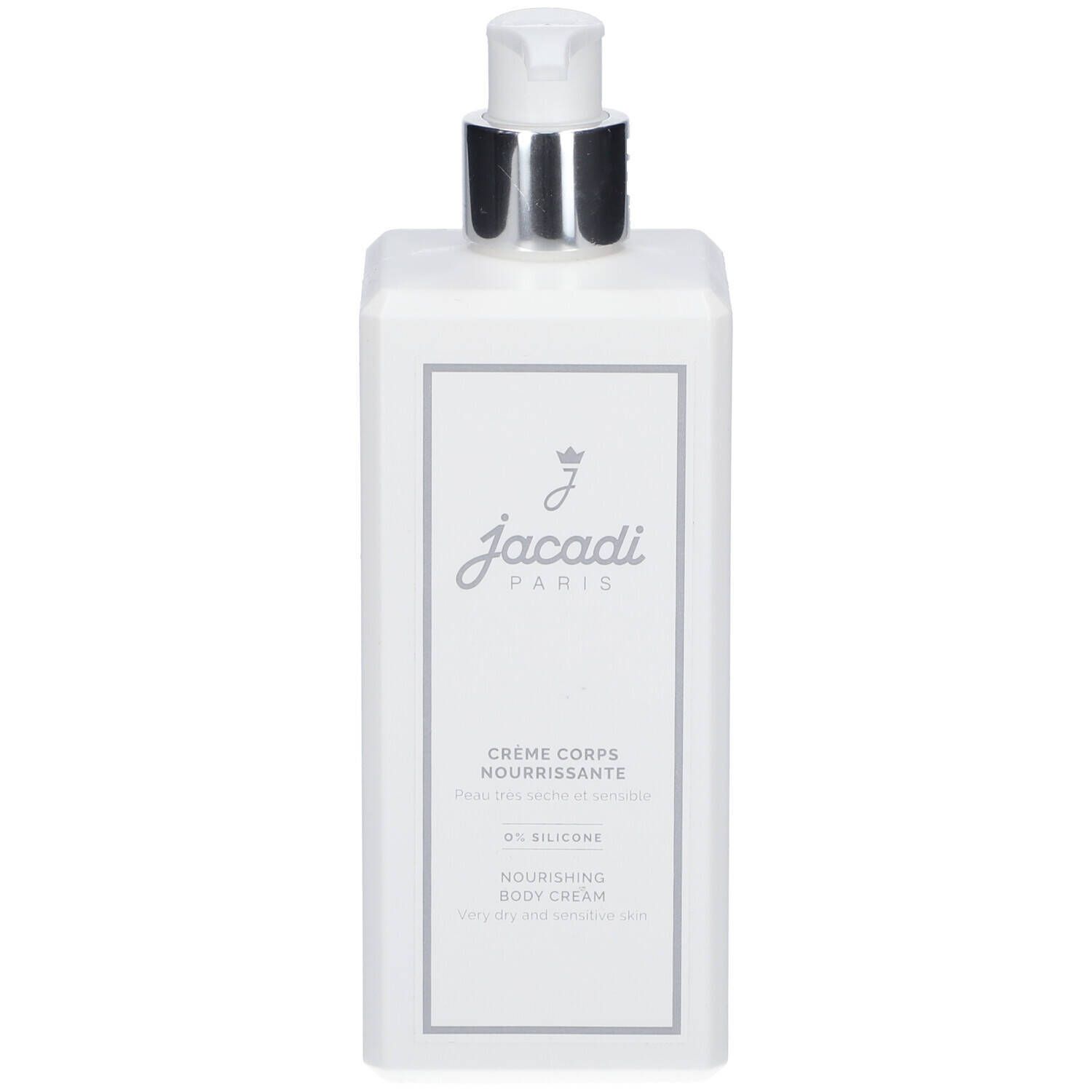 Weiße Flasche mit silbernem Pumpkopf. Aufschrift: Jacadi Paris, Crème Corps Nourrissante, Nourishing Body Cream.
