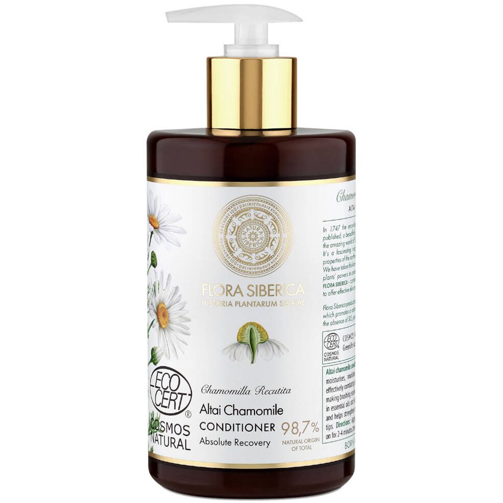 Braune Flasche mit Pumpe. Etikett mit Logo, Kamillenblüten und Text: Flora Siberica, Altai Chamomile Conditioner.