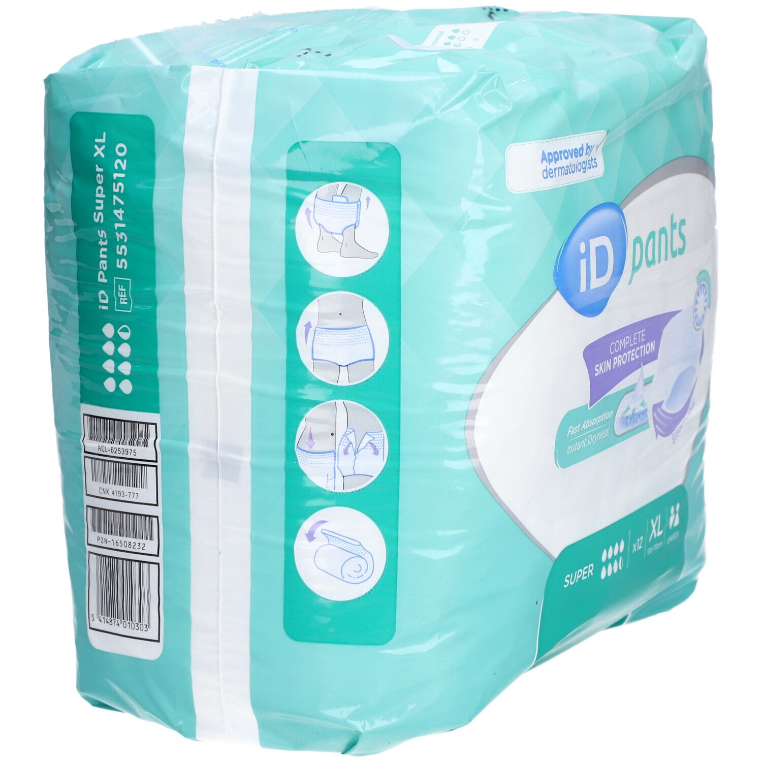 iD Pants Super XL-Verpackung. Aqua-farben, mit Produktlogo, Größenangaben und Barcode. Zertifiziert von Dermatologen.