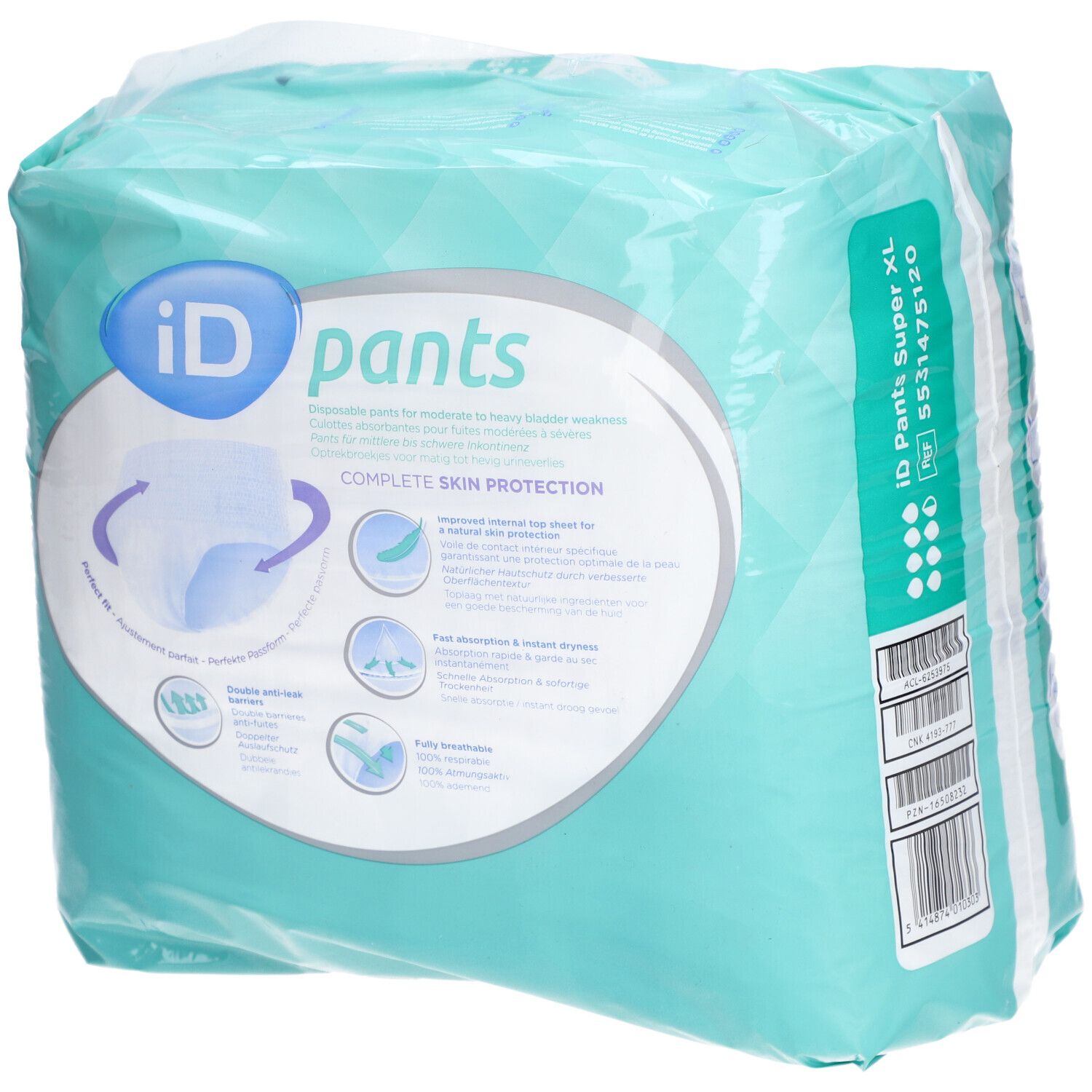 iD Pants Super XL-Verpackung. Aqua-farben, mit Produktlogo und Größenangaben. Enthält Informationen zur Anwendung und Zertifizierungen.