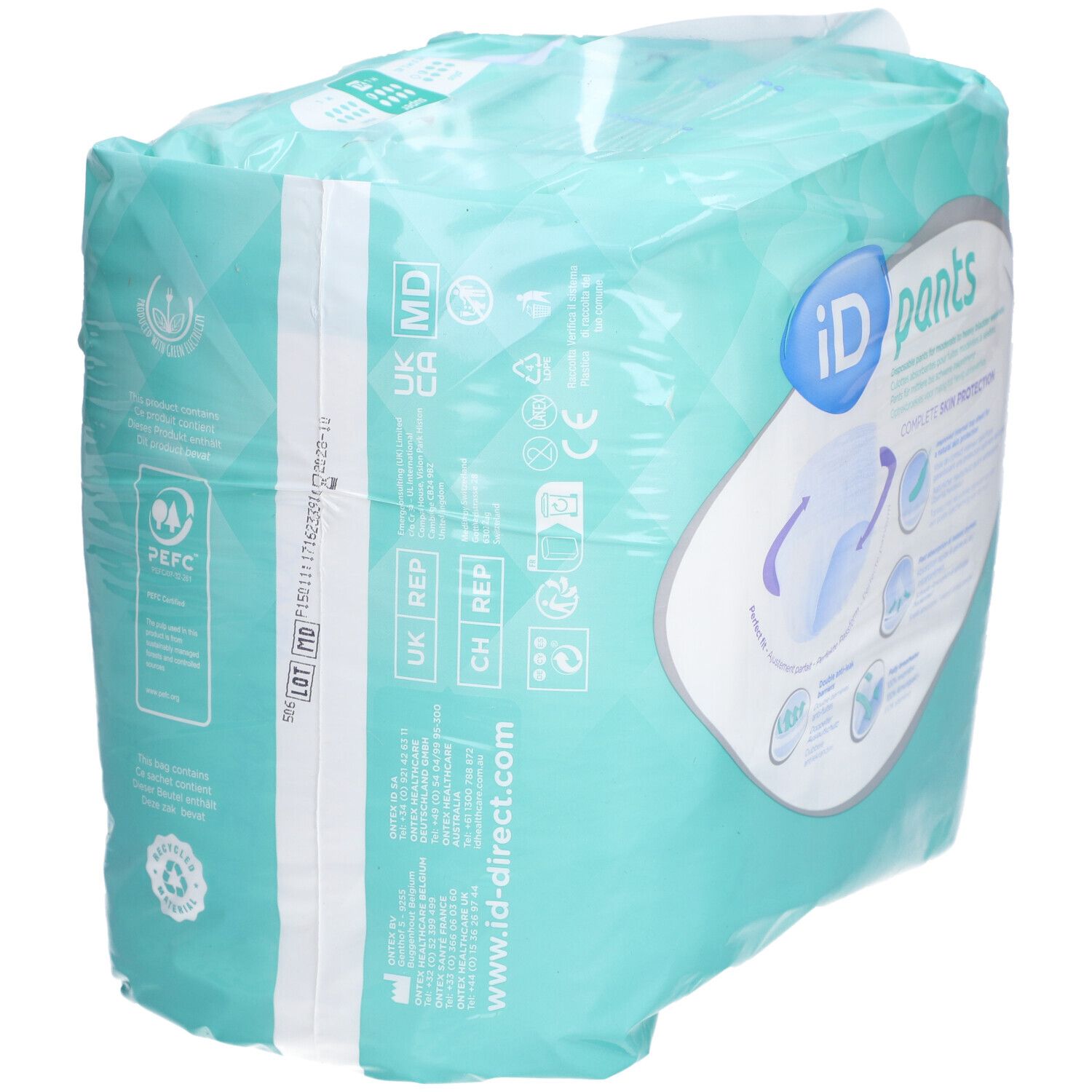iD Pants Super XL-Verpackung. Aqua-farben, mit Produktlogo und Größenangaben. Enthält Informationen zur Anwendung und Zertifizierungen.