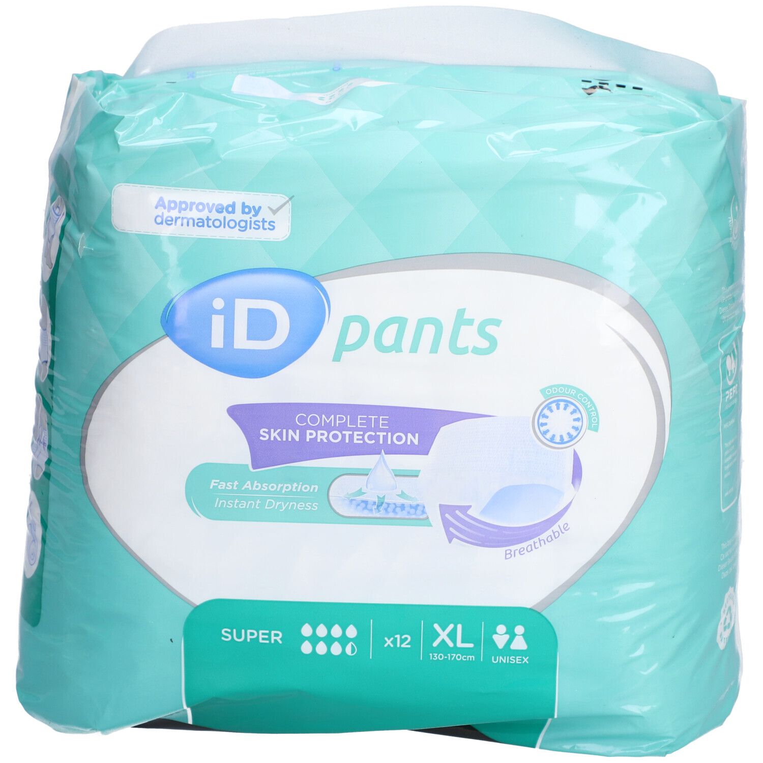 iD Pants Super XL-Verpackung. Aqua-farben, mit Produktlogo und Größenangaben. Zertifiziert von Dermatologen.
