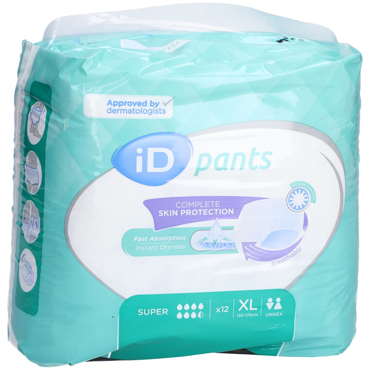 iD Pants Super XL-Verpackung. Aqua-farben, mit Produktlogo und Größenangaben. Zertifiziert von Dermatologen.