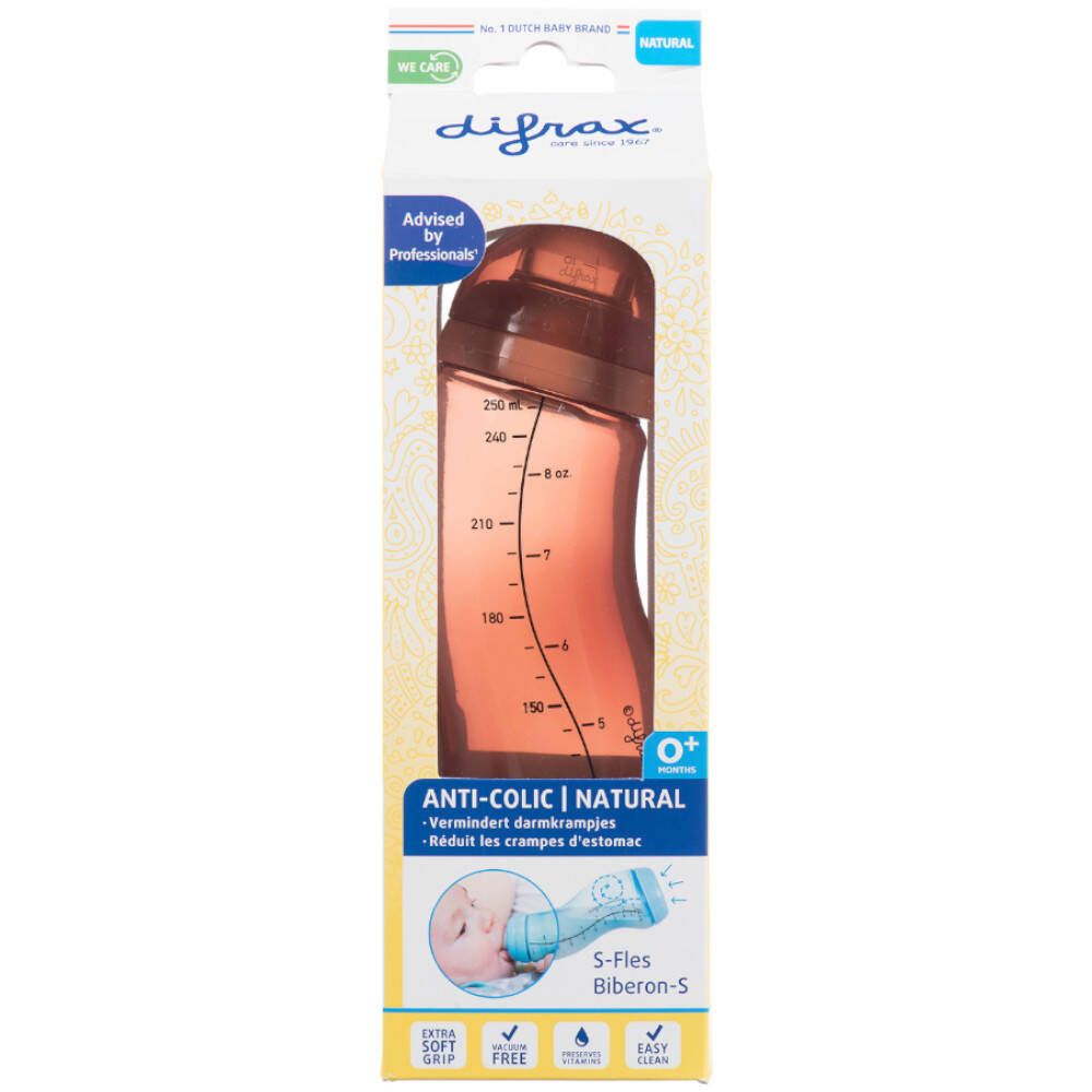 Verpackung mit S-Flasche. Rosa Flasche mit Messskala. Text: Anti-Kolik, Natural, 0+. Marke Difrax.
