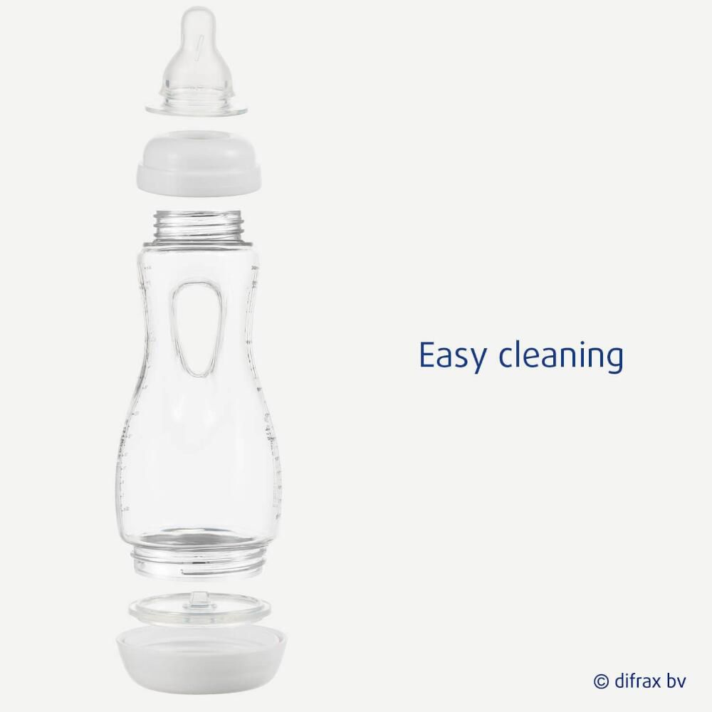 Zerlegte Babyflasche. Einzelteile: Sauger, Ring, Flaschenkörper, Ventil, Boden. Text: Easy cleaning.