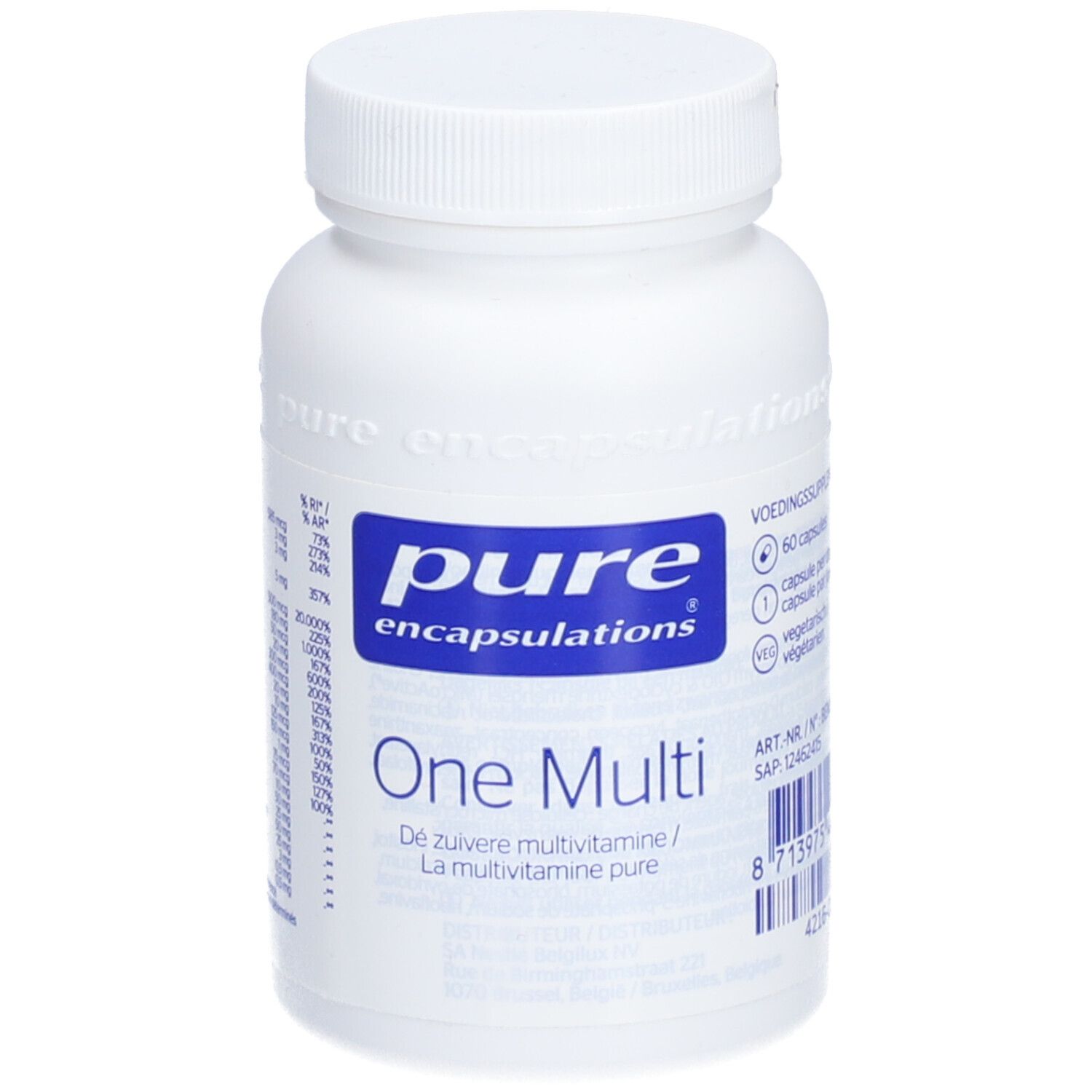 Weiße Flasche mit blauem Etikett. Aufschrift: pure encapsulations® One Multi. Enthält 60 Kapseln.