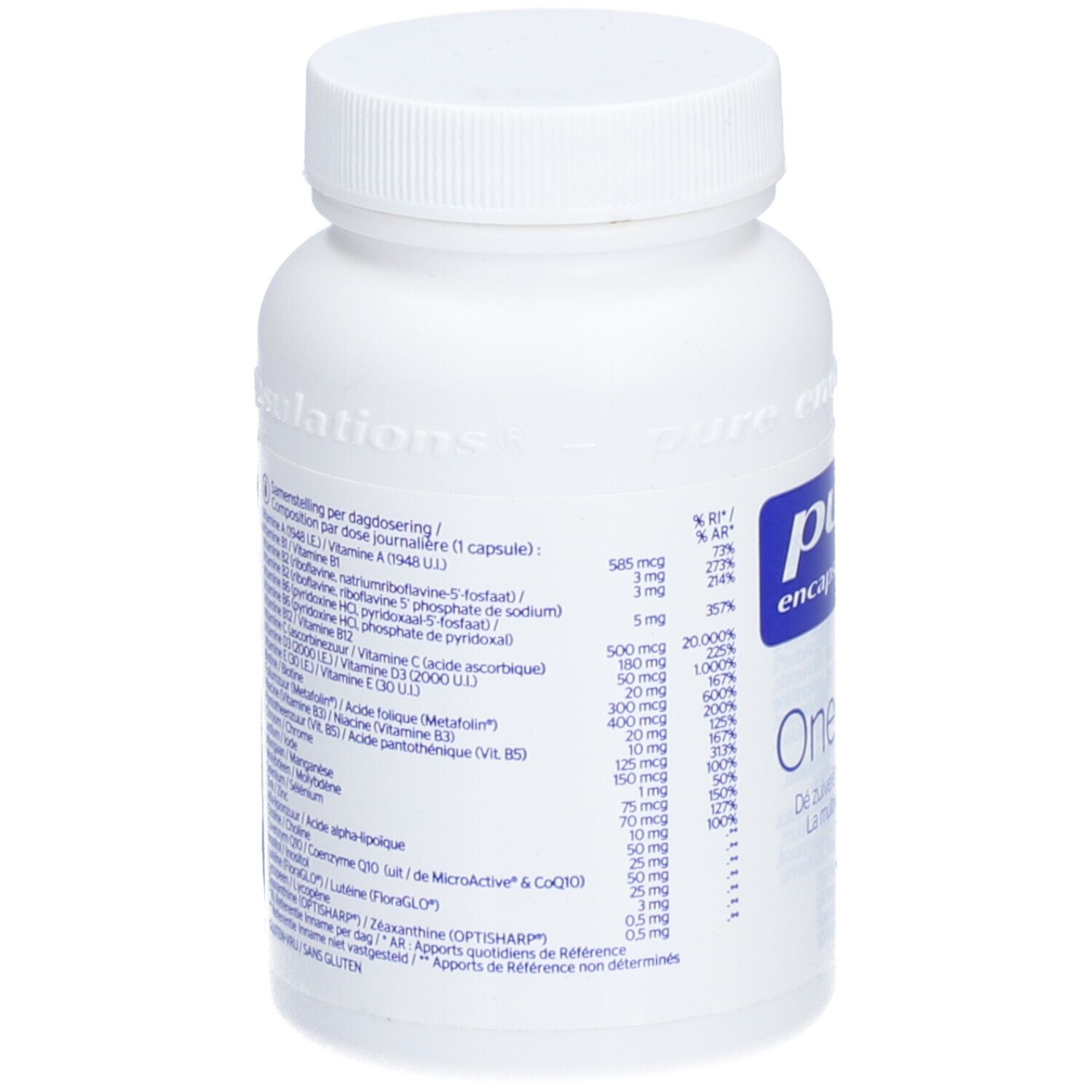 Rückseite der weißen Flasche. Enthält eine Liste der Inhaltsstoffe und Nährwertangaben.