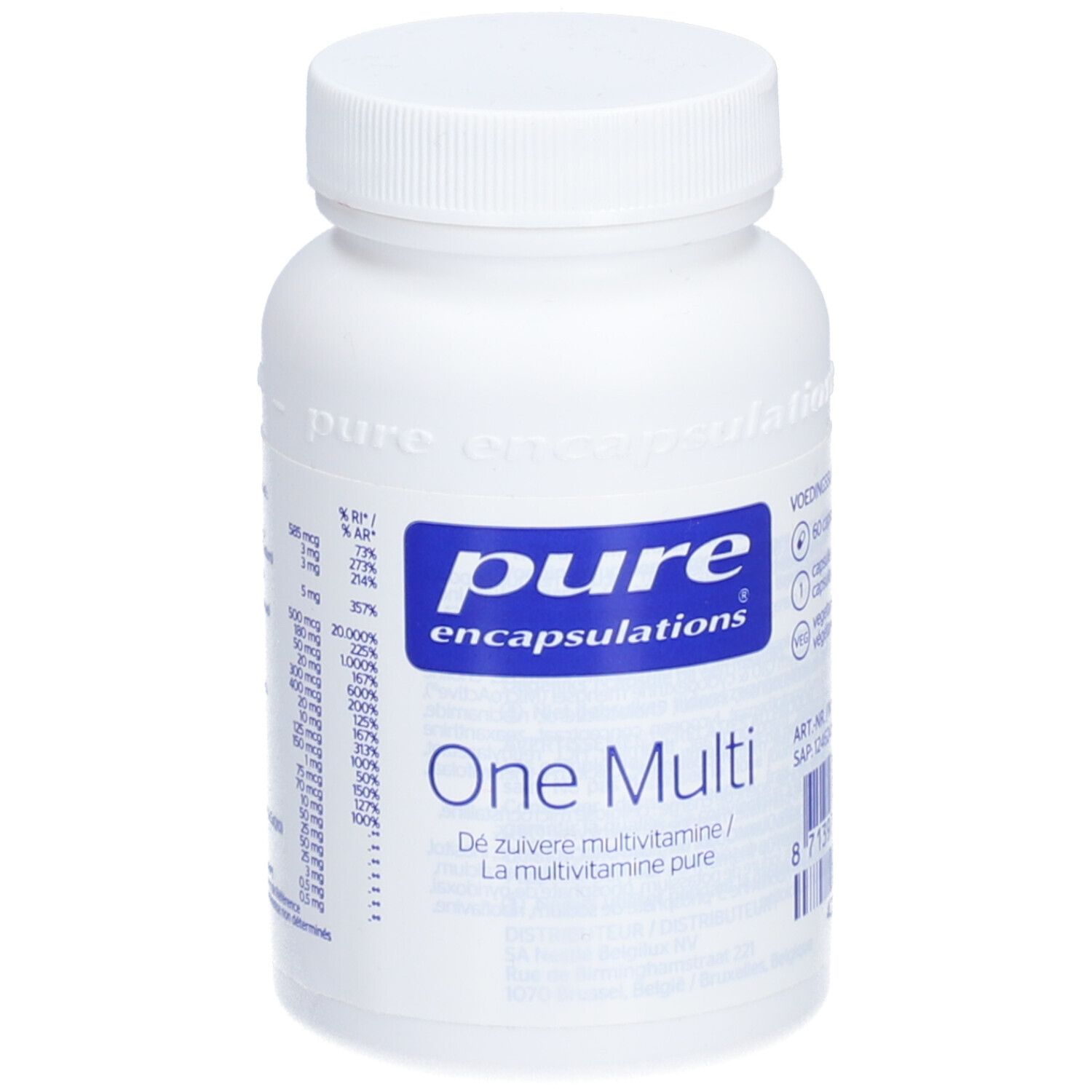 Weiße Flasche mit blauem Etikett. Aufschrift: pure encapsulations® One Multi. Enthält Nährwertangaben.