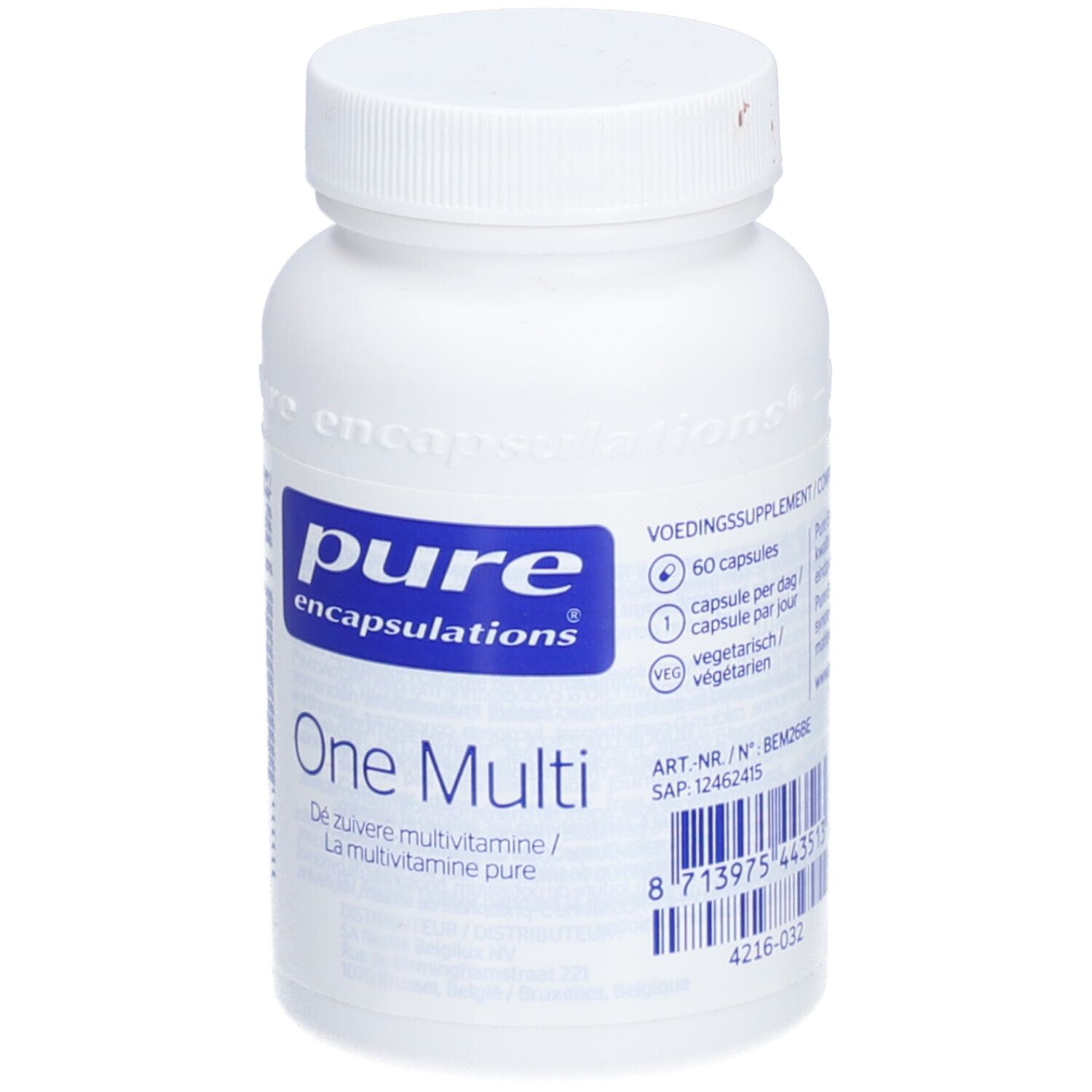 Weiße Flasche mit blauem Etikett. Aufschrift: pure encapsulations® One Multi. Enthält 60 Kapseln.