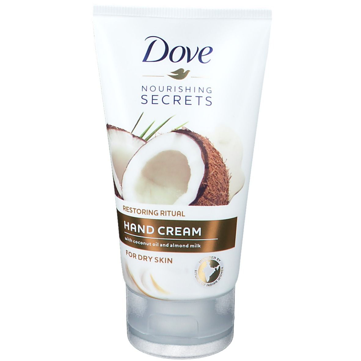 Weiße Tube mit Dove Nourishing Secrets Handcreme. Kokosnuss-Motiv. Text: Hand Cream, für trockene Haut. Siegel.