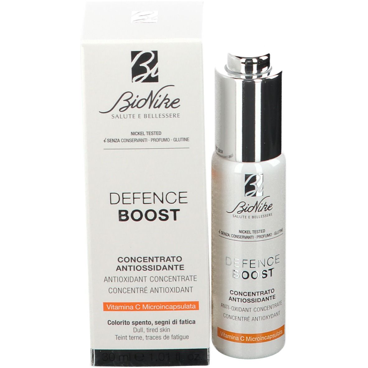 Produktflasche und Verpackung. Aufschrift: DEFENCE BOOST, Konzentrat. Marke: BioNike.