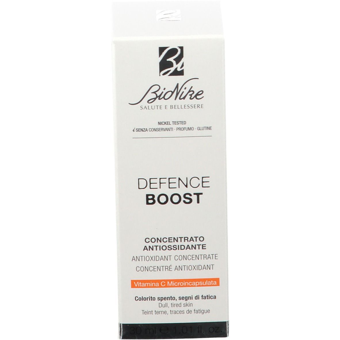 Produktverpackung. Aufschrift: DEFENCE BOOST, Konzentrat. Marke: BioNike.