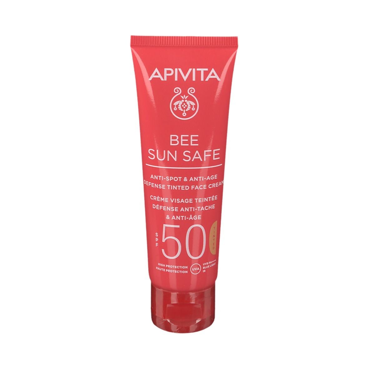 Rote Tube mit weißer Schrift. Aufschrift: APIVITA, BEE SUN SAFE, Anti-Spot & Anti-Age, getönte Gesichtscreme, SPF 50.