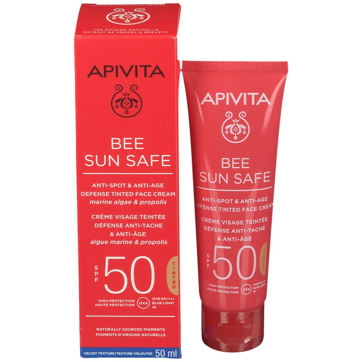 Rote Tube und Schachtel. Aufschrift: APIVITA, BEE SUN SAFE, Anti-Spot & Anti-Age, getönte Gesichtscreme, SPF 50. 50 ml.