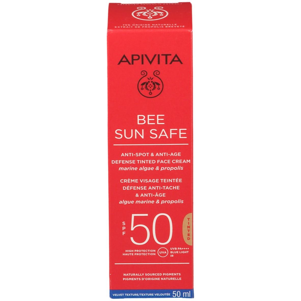 Rote Schachtel mit weißer Schrift. Aufschrift: APIVITA, BEE SUN SAFE, Anti-Spot & Anti-Age, getönte Gesichtscreme, SPF 50. 50 ml.