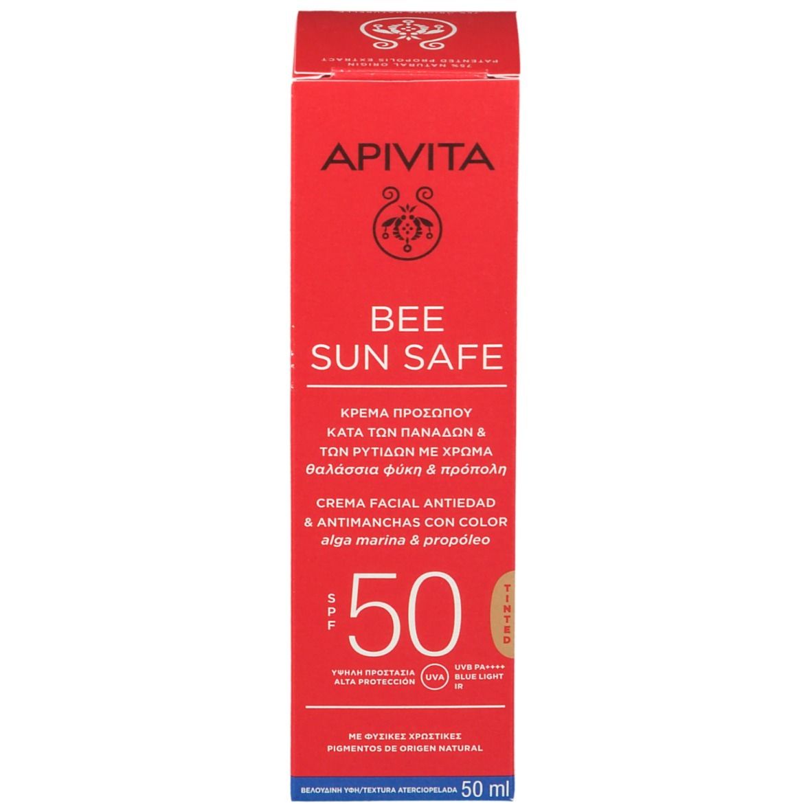Rote Schachtel mit weißer Schrift. Aufschrift: APIVITA, BEE SUN SAFE, Anti-Spot & Anti-Age, getönte Gesichtscreme, SPF 50. 50 ml.