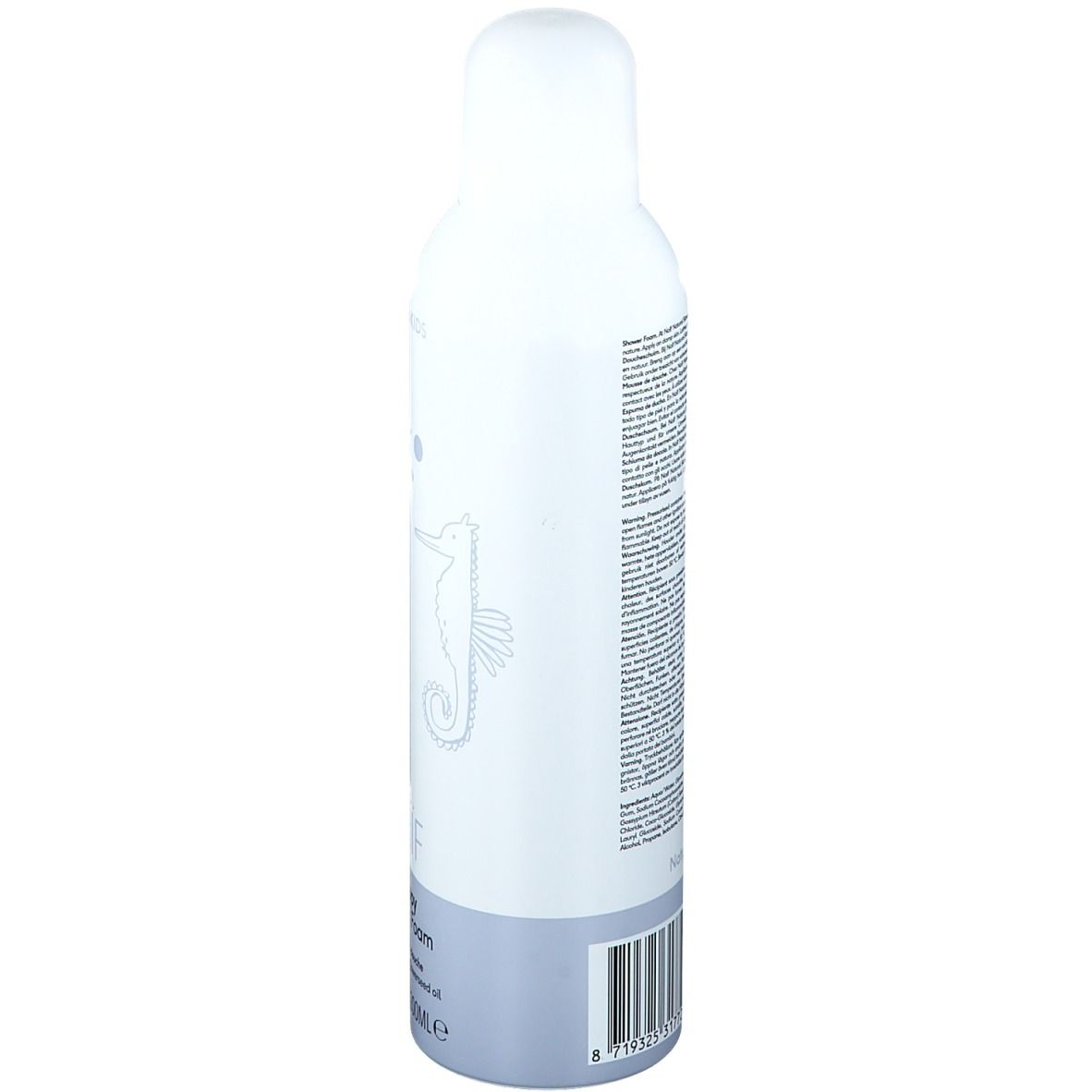 Weiß-blaue Flasche, Seitenansicht. Text und Barcode auf der Rückseite. Produktname NAÏF, Happy Shower Foam.