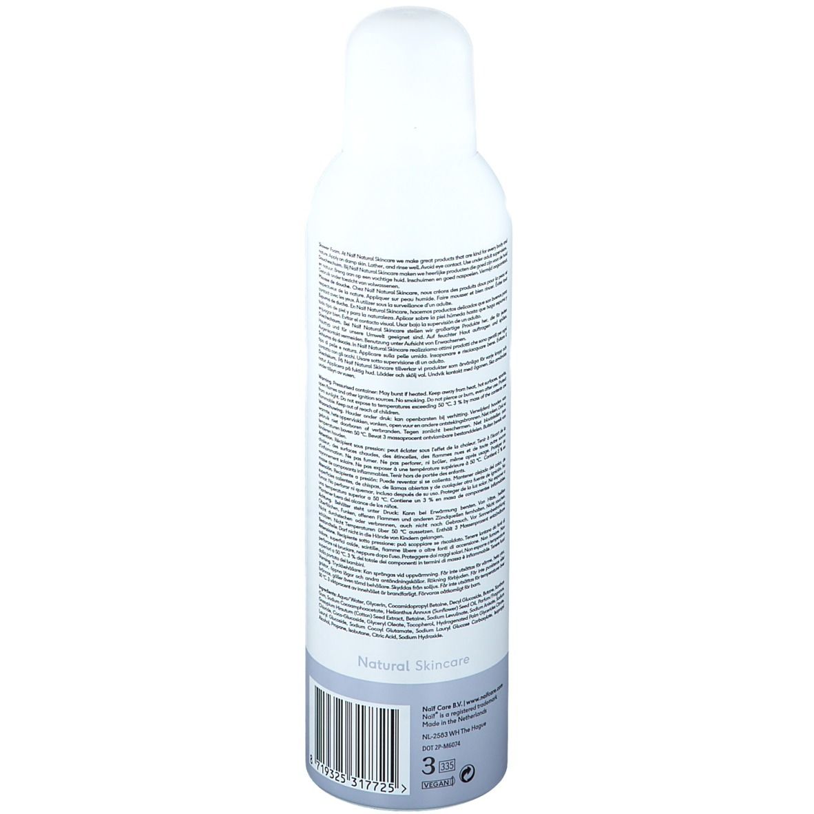 Rückseite der weiß-blauen Flasche. Text mit Inhaltsstoffen und Informationen. Barcode und Produktname NAÏF.