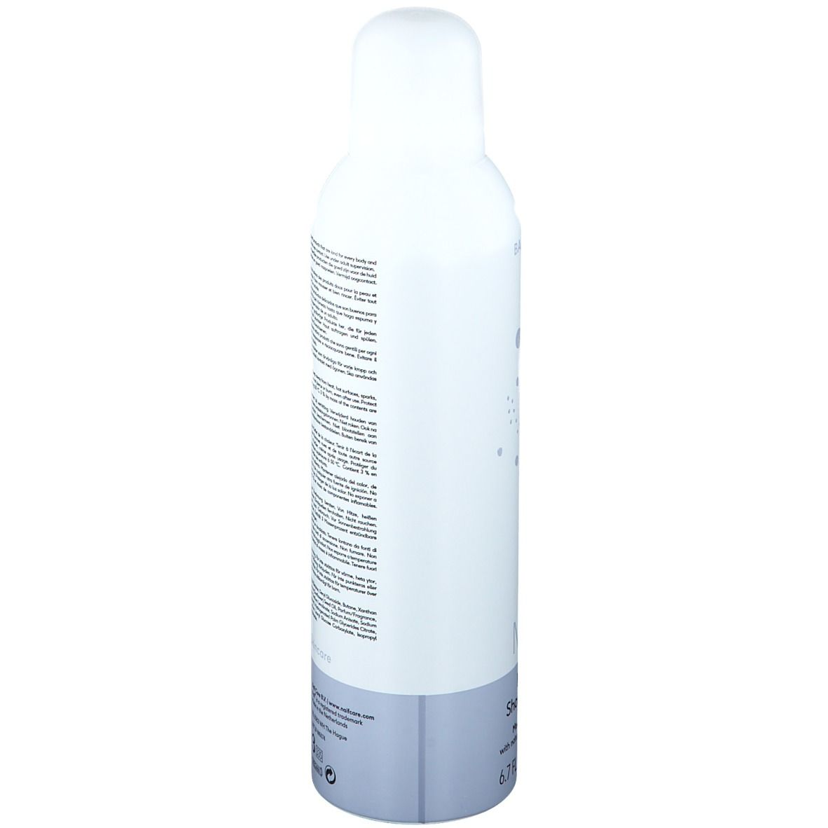 Seitenansicht der weiß-blauen Flasche. Text auf der Rückseite. Produktname NAÏF, Happy Shower Foam.