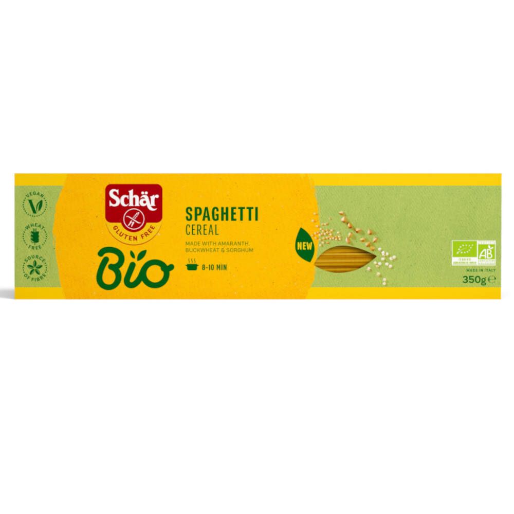 Gelbe Verpackung mit "Schär Bio Spaghetti Cereal". Glutenfrei, vegan. Enthält Amaranth, Buchweizen und Sorghum. 350g.