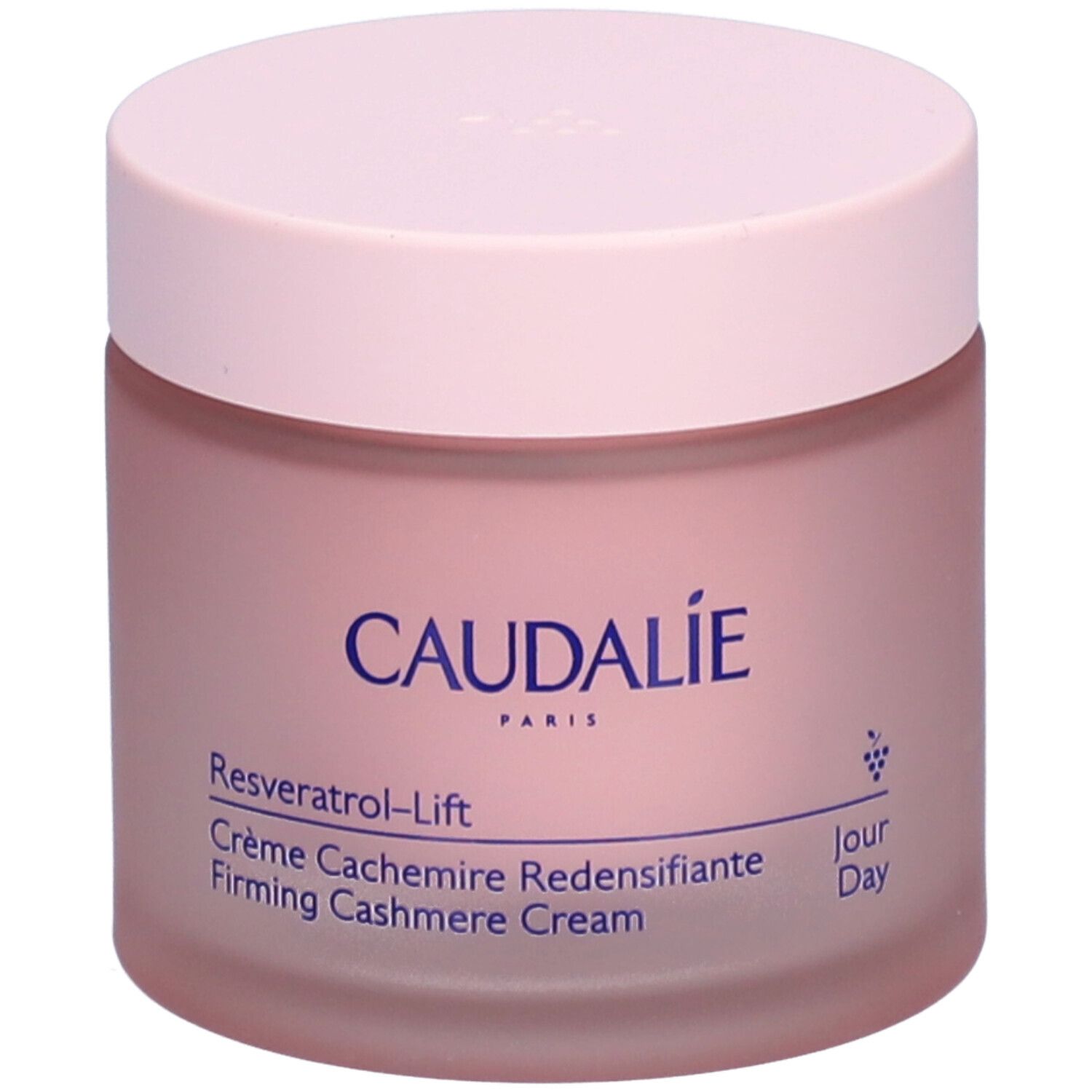 Rosa Creme-Tiegel mit Deckel. Aufschrift CAUDALIE, Resveratrol-Lift, Crème Cachemire Redensifiante, Firming Cashmere Cream.