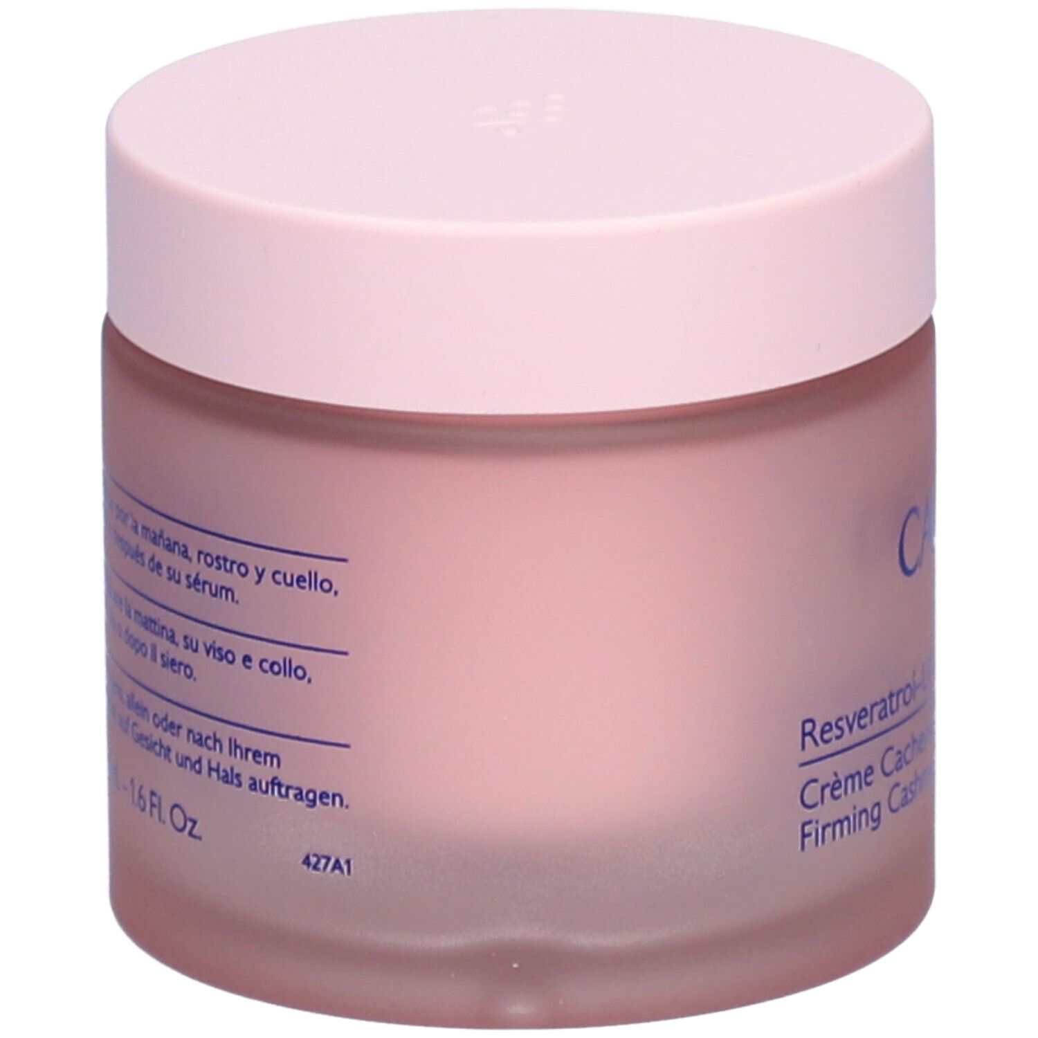 Rosa Creme-Tiegel mit Deckel. Aufschrift CAUDALIE, Resveratrol-Lift, Crème Cachemire Redensifiante, Firming Cashmere Cream.