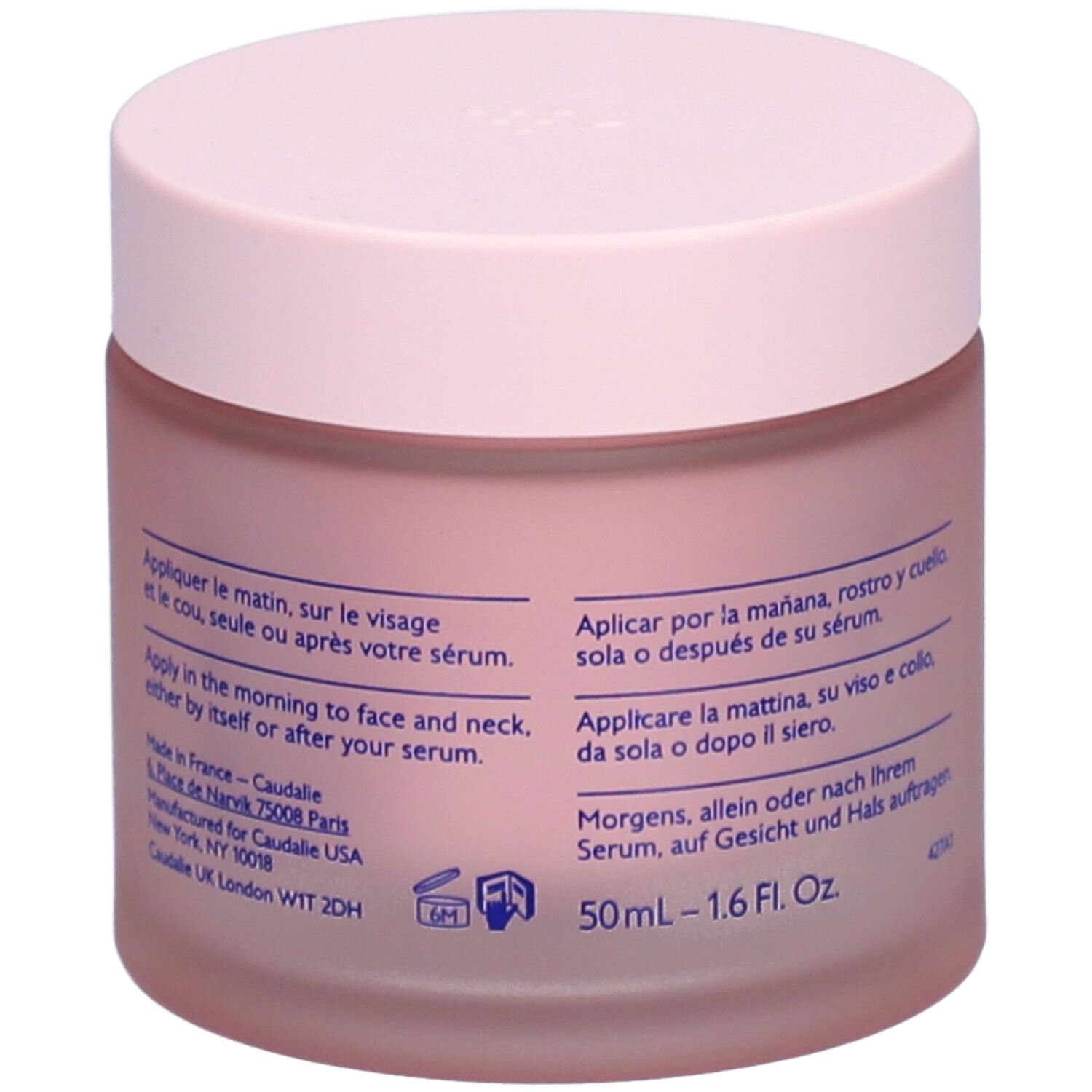 Rosa Creme-Tiegel mit Deckel. Aufschrift CAUDALIE, Resveratrol-Lift, Crème Cachemire Redensifiante, Firming Cashmere Cream.