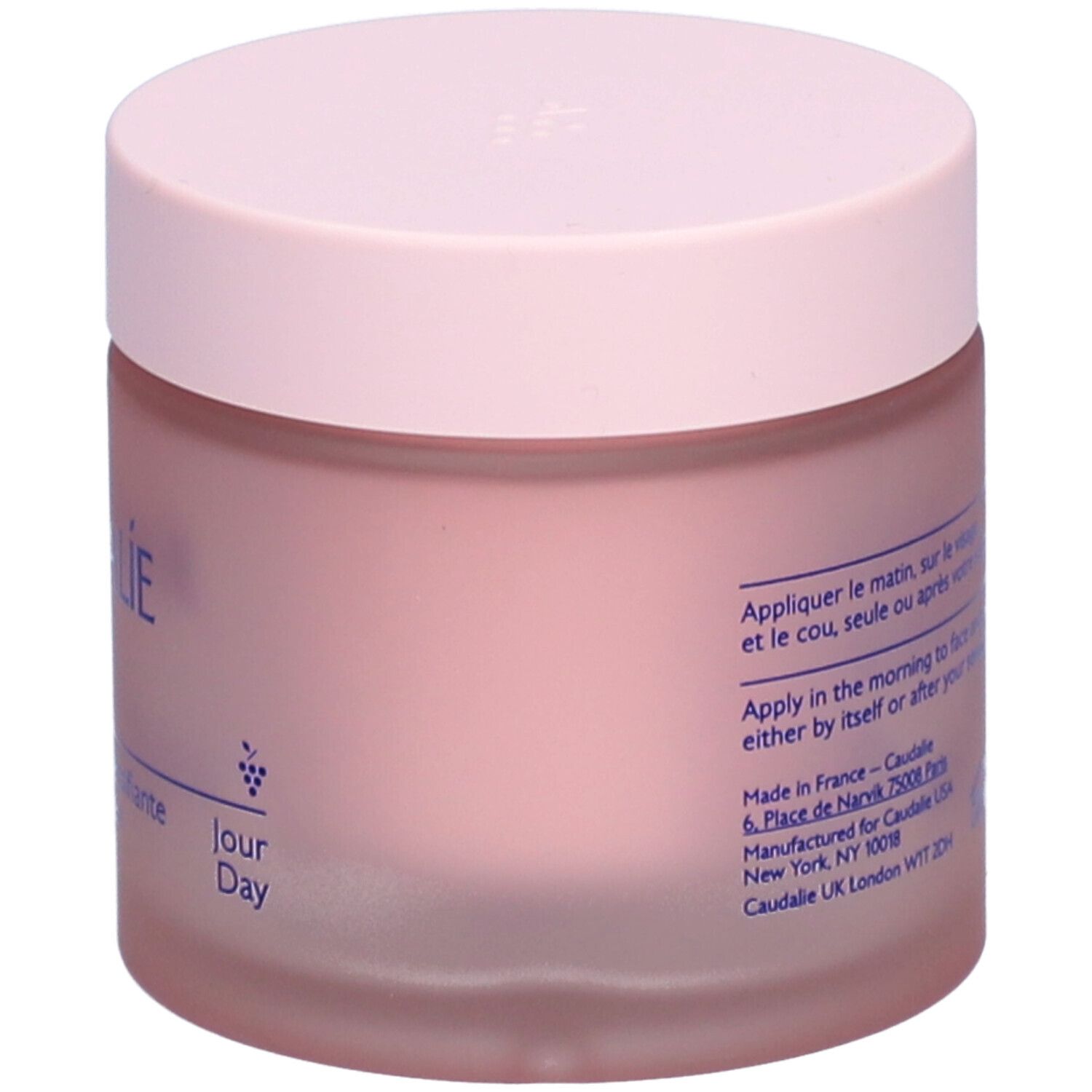 Rosa Creme-Tiegel mit Deckel. Aufschrift CAUDALIE, Resveratrol-Lift, Crème Cachemire Redensifiante, Firming Cashmere Cream.