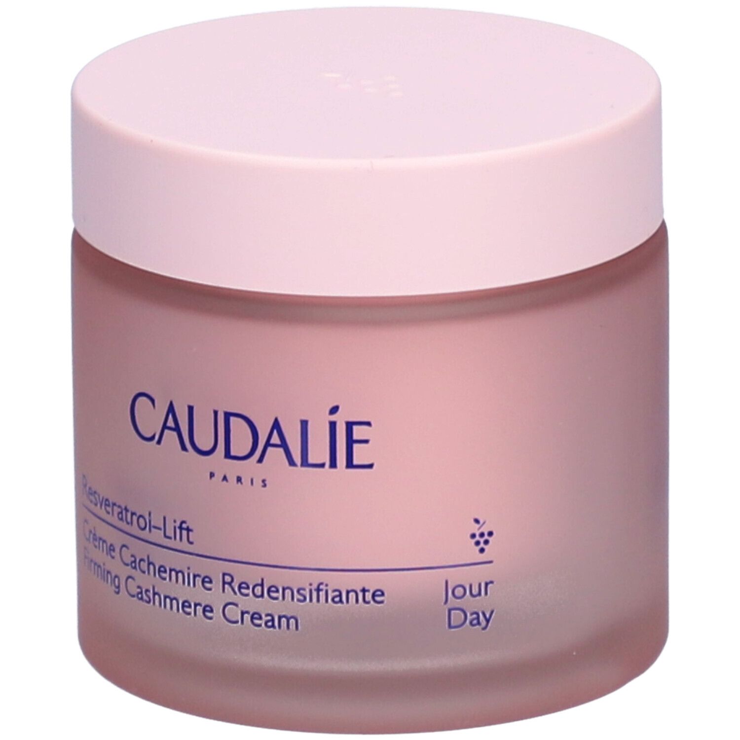 Rosa Creme-Tiegel mit Deckel. Aufschrift CAUDALIE, Resveratrol-Lift, Crème Cachemire Redensifiante, Firming Cashmere Cream.