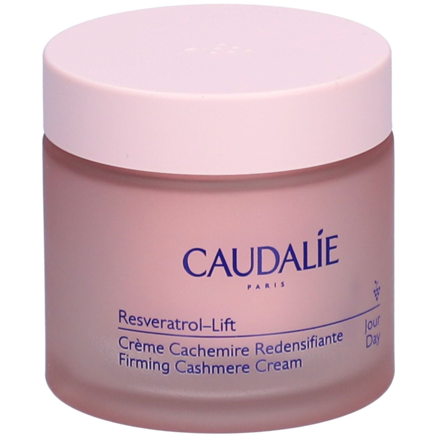 Rosa Creme-Tiegel mit Deckel. Aufschrift CAUDALIE, Resveratrol-Lift, Crème Cachemire Redensifiante, Firming Cashmere Cream.