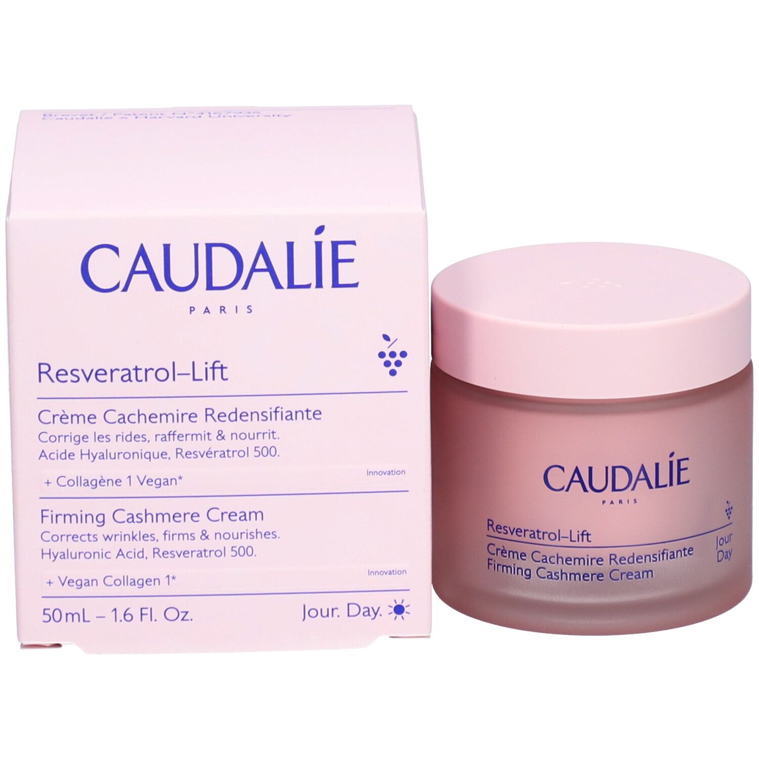 Rosa Creme-Tiegel und Schachtel. Aufschrift CAUDALIE, Resveratrol-Lift, Crème Cachemire Redensifiante, Firming Cashmere Cream.