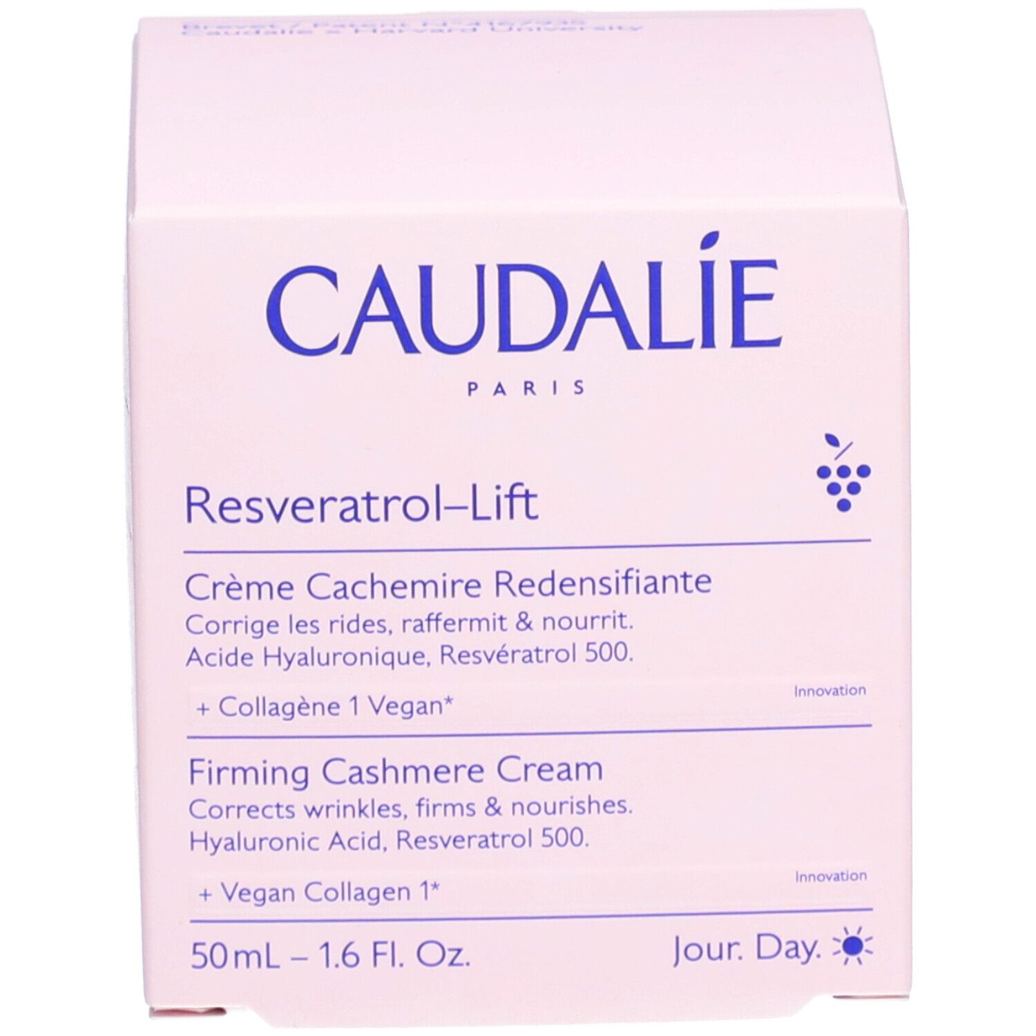 Rosa Schachtel. Aufschrift CAUDALIE, Resveratrol-Lift, Crème Cachemire Redensifiante, Firming Cashmere Cream.