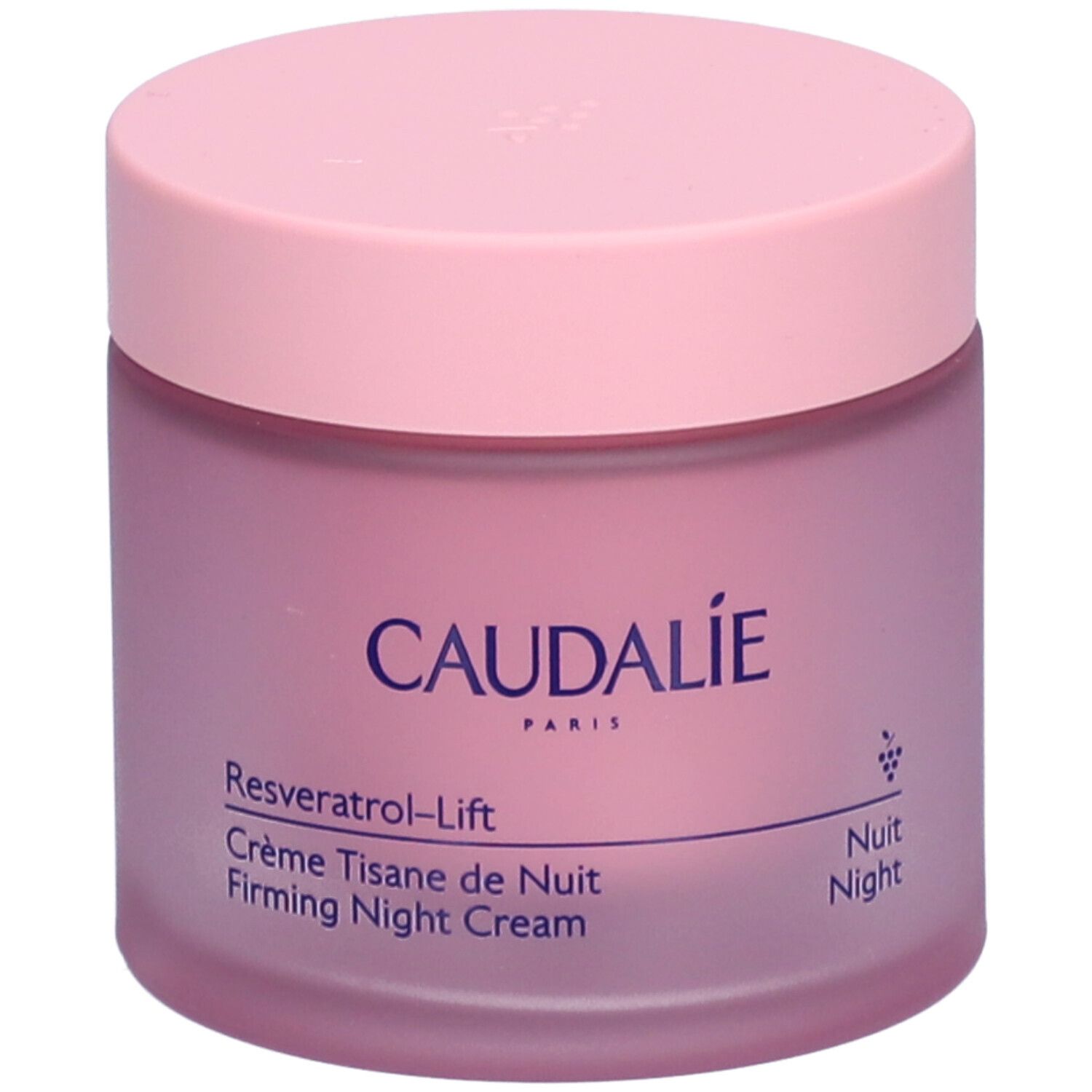 Rosa Tiegel mit rosa Deckel. Aufschrift CAUDALIE, Resveratrol-Lift, Crème Tisane de Nuit, Firming Night Cream.